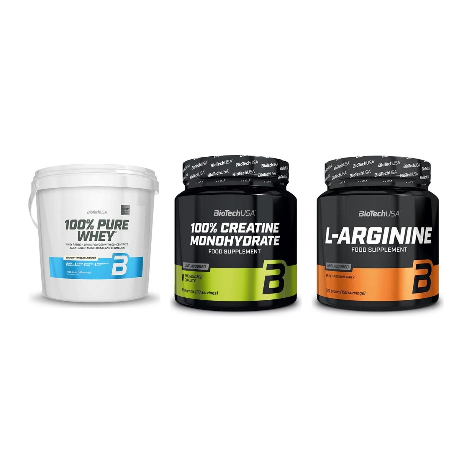 BioTech USA Marken-Trio: 100% Pure + Creatine + L-Arginin – alle enthaltenen Artikel
