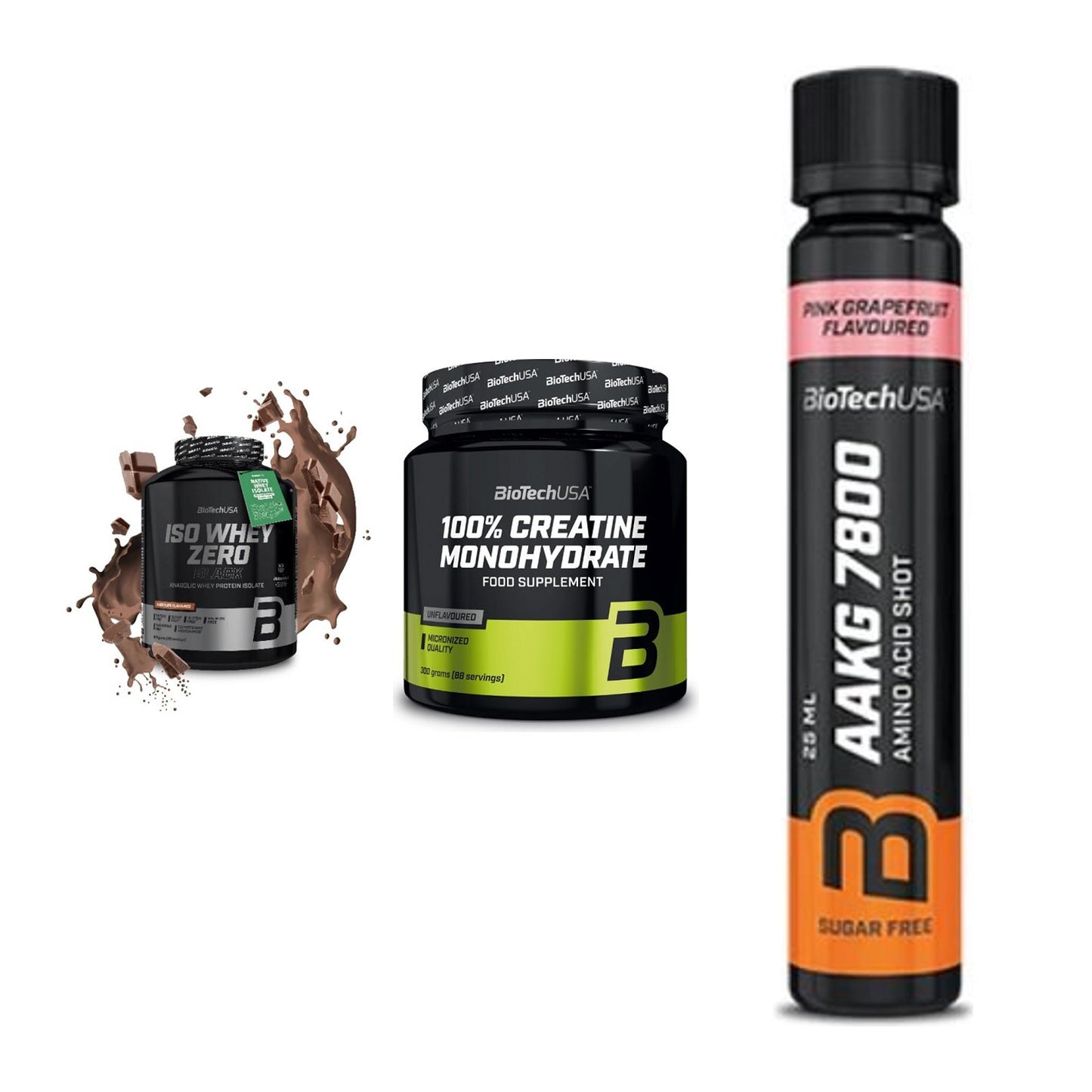 BioTech USA Marken-Trio: Iso Whey Zero + Creatine + AAKG 7800 – alle enthaltenen Artikel