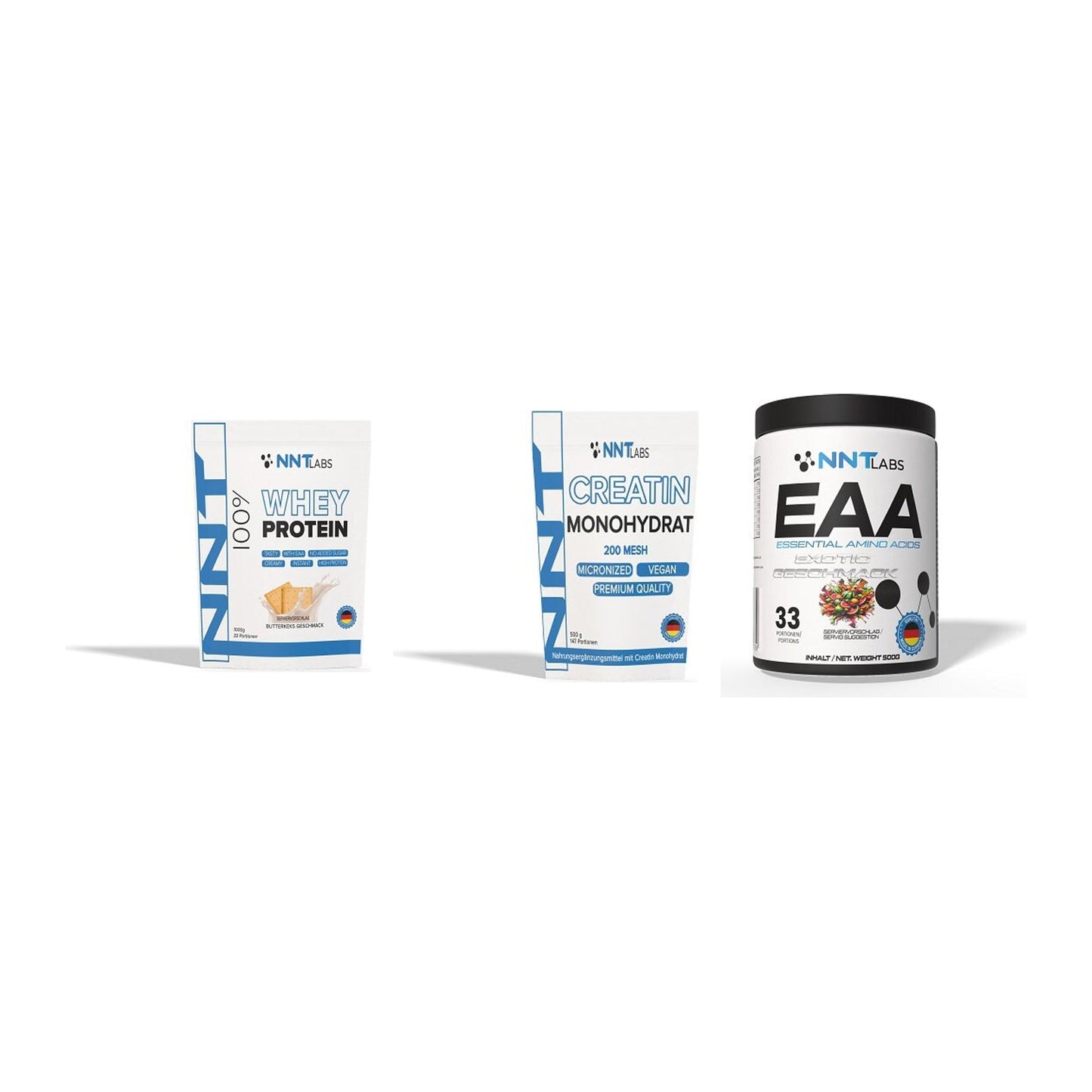 NNT Labs Marken-Trio: Whey + Creatin Monohydrat + EAA – alle enthaltenen Artikel