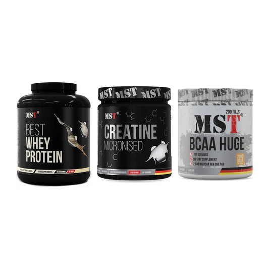MST Marken-Trio: Best Whey + Creatin Monohyd + BCAA Huge 200 – alle enthaltenen Artikel