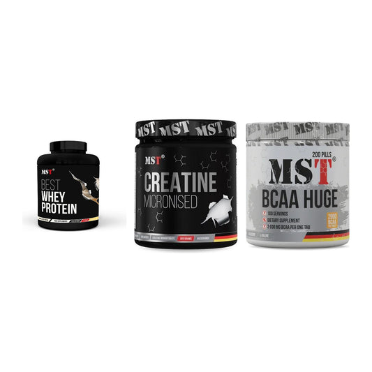 MST Marken-Trio: Best Whey + Creatin Monohyd + BCAA Huge 200 – alle enthaltenen Artikel