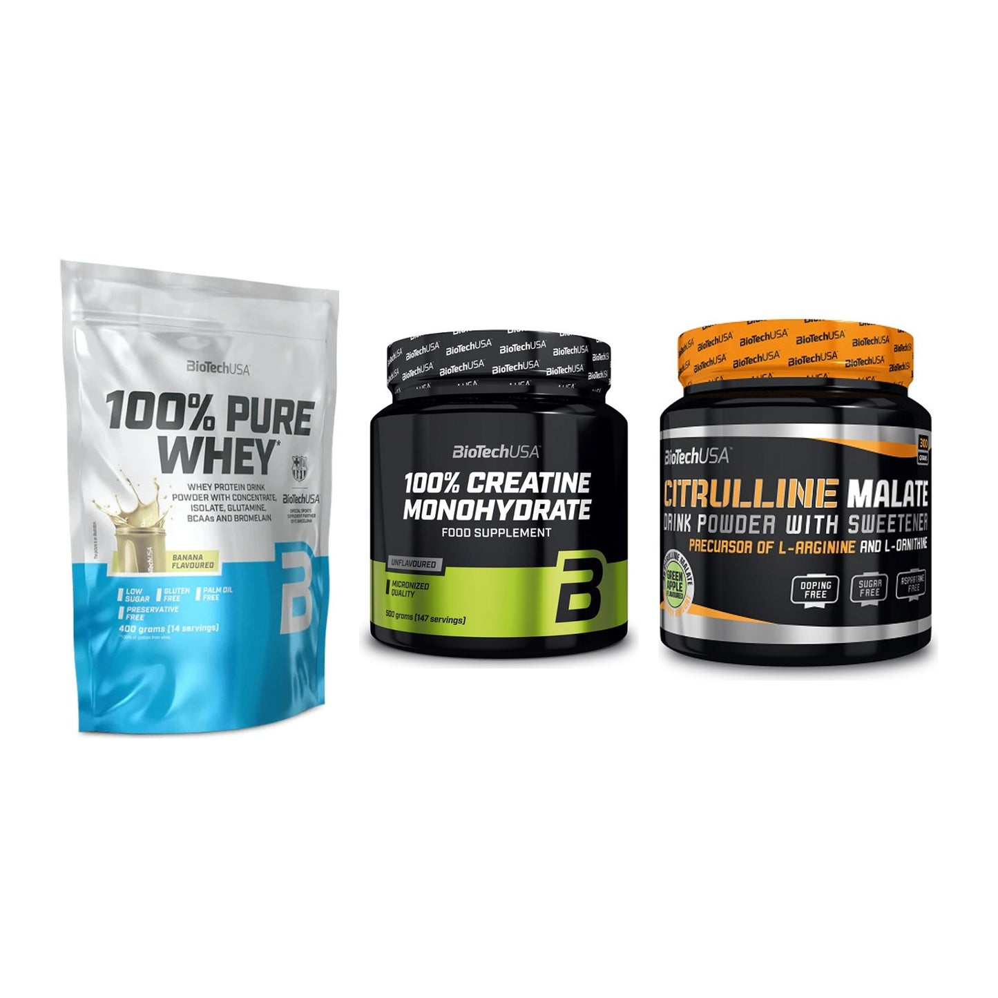 BioTech USA Marken-Trio: 100% Pure + Creatine + Citrulline – alle enthaltenen Artikel
