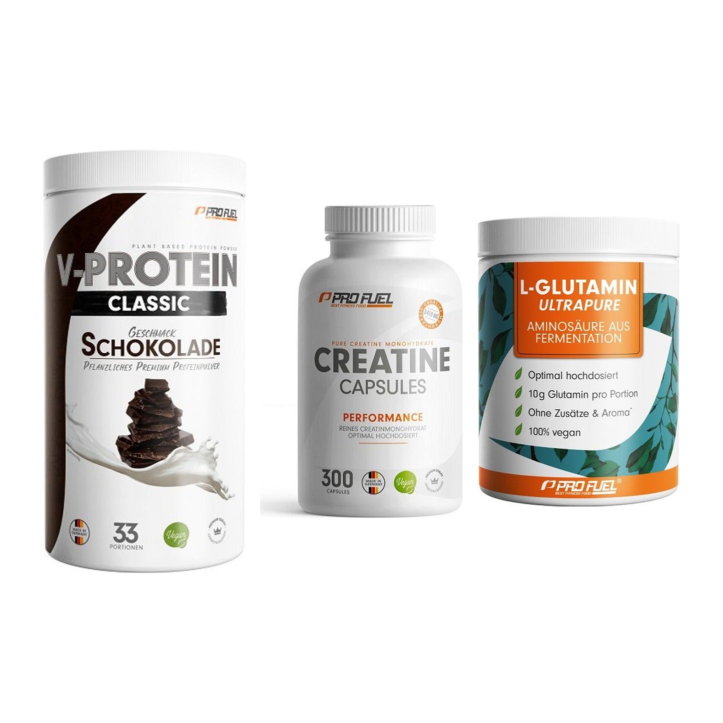 ProFuel Marken-Trio: VEGAN PROTEIN + Creatine + Glutamin – alle enthaltenen Artikel