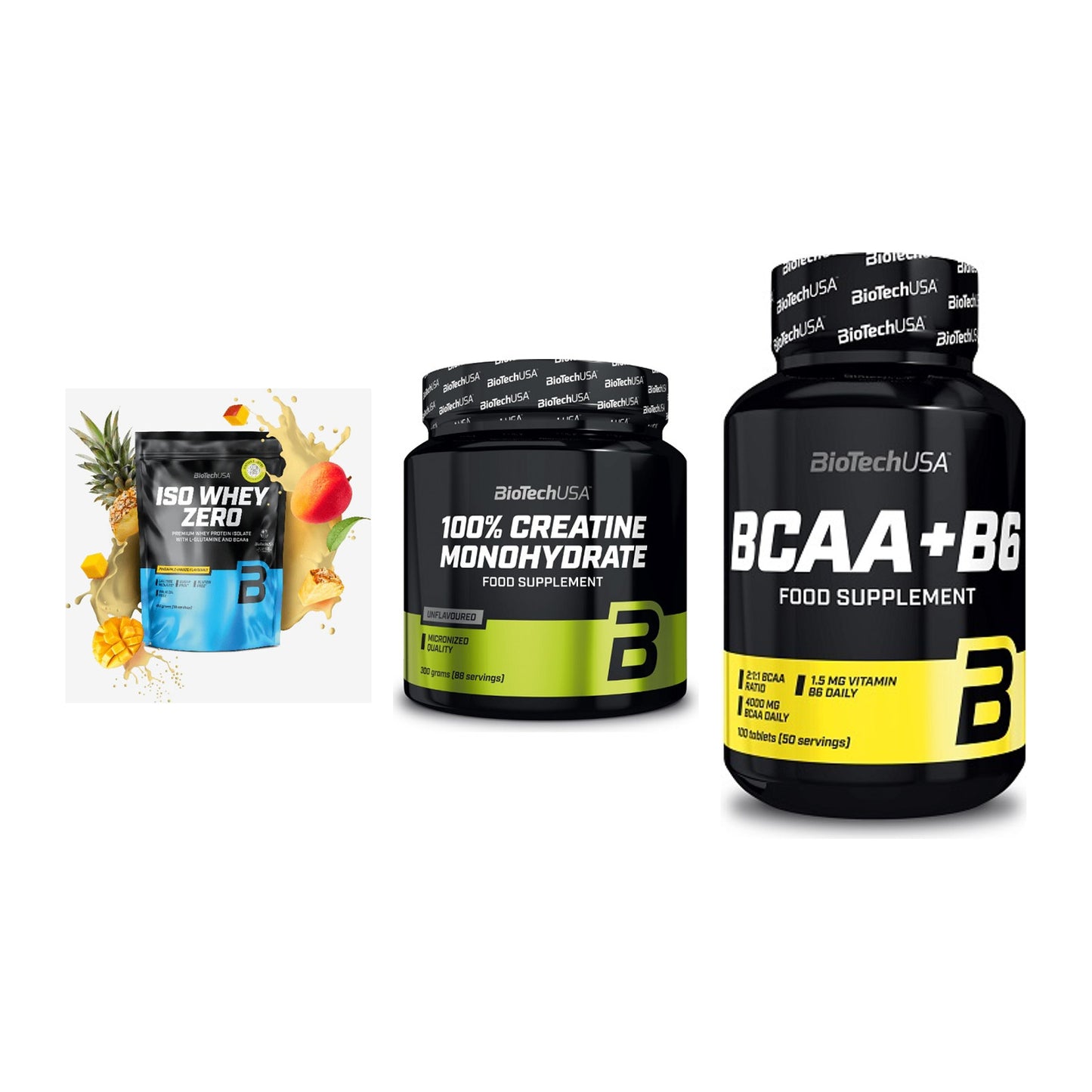 BioTech USA Marken-Trio: Iso Whey Zero + Creatine + BCAA+B6 100 – alle enthaltenen Artikel