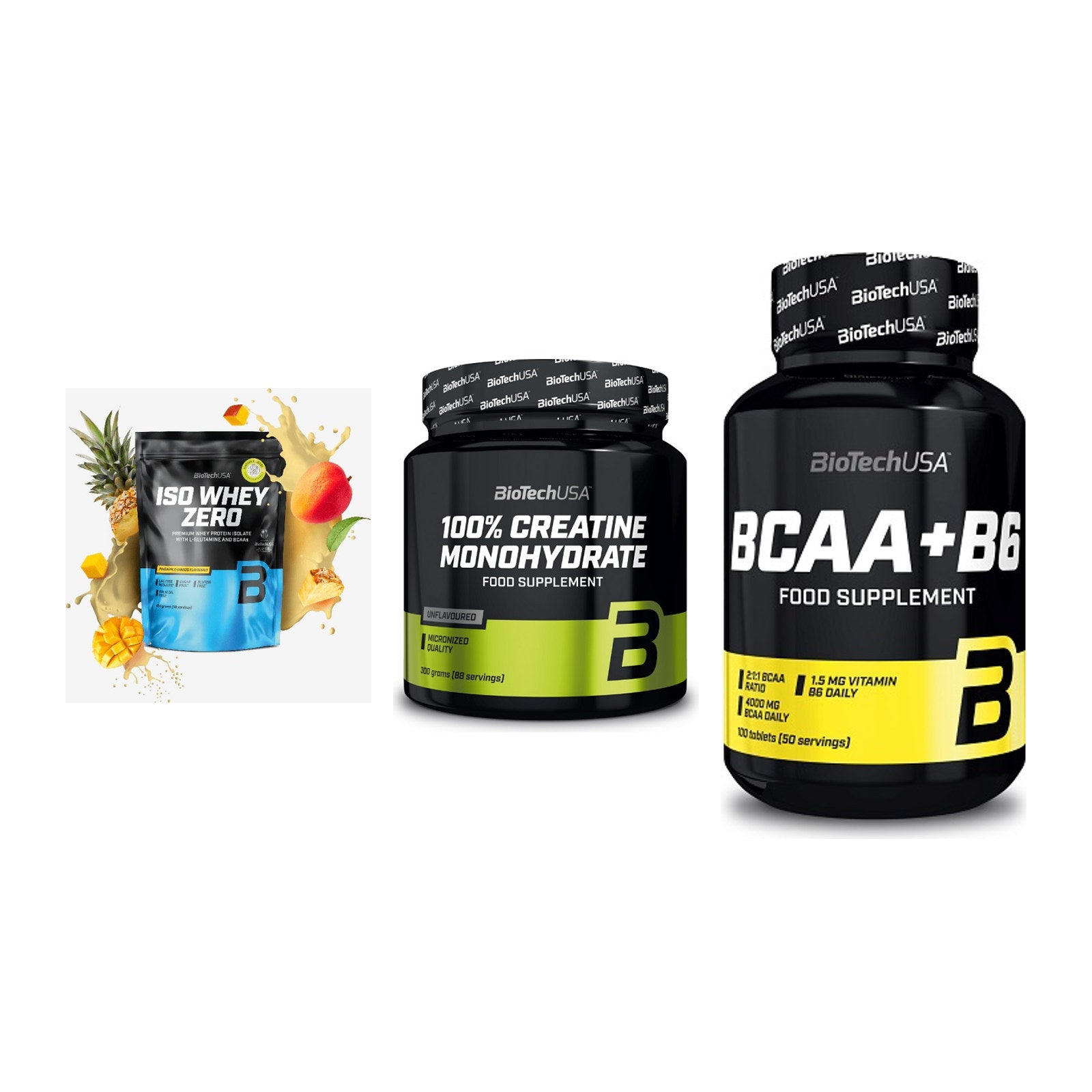 BioTech USA Marken-Trio: Iso Whey Zero + Creatine + BCAA+B6 100 – alle enthaltenen Artikel