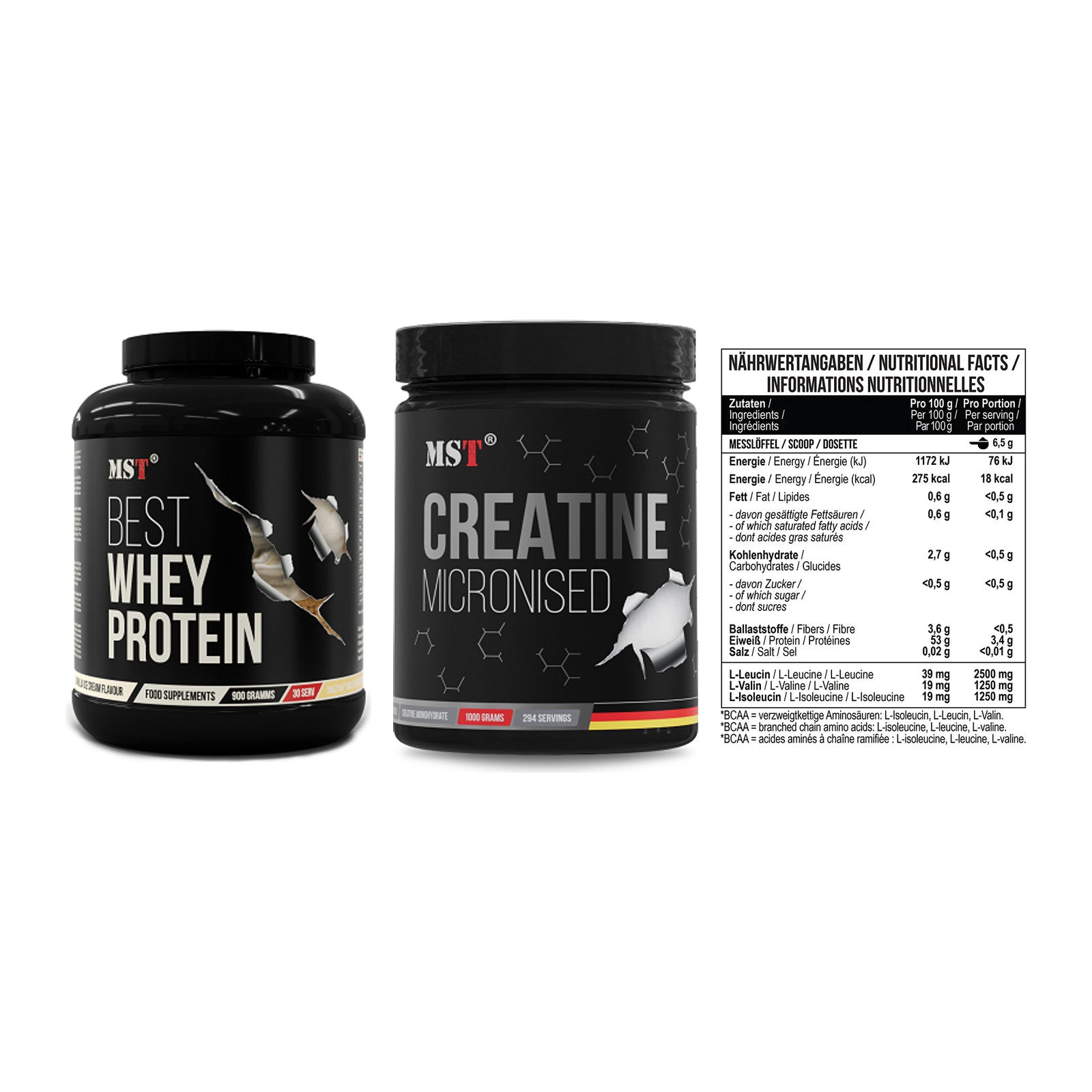 MST Marken-Trio: Best Whey Protein + Creatin Monohydrate + BCAA Zero – alle enthaltenen Artikel
