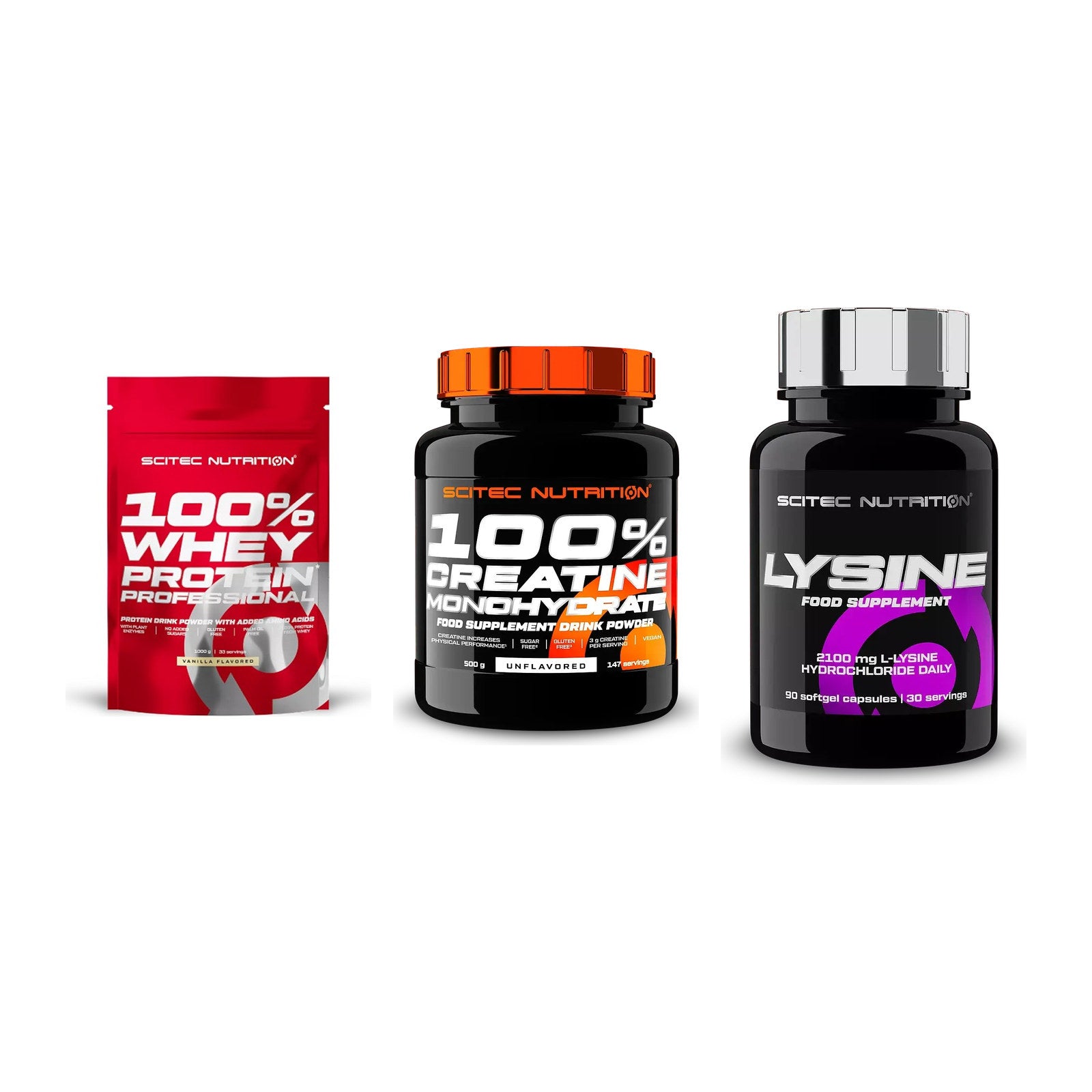 Scitec Nutrition Marken-Trio: 100% Whey + Creatine + 1 weitere – alle enthaltenen Artikel