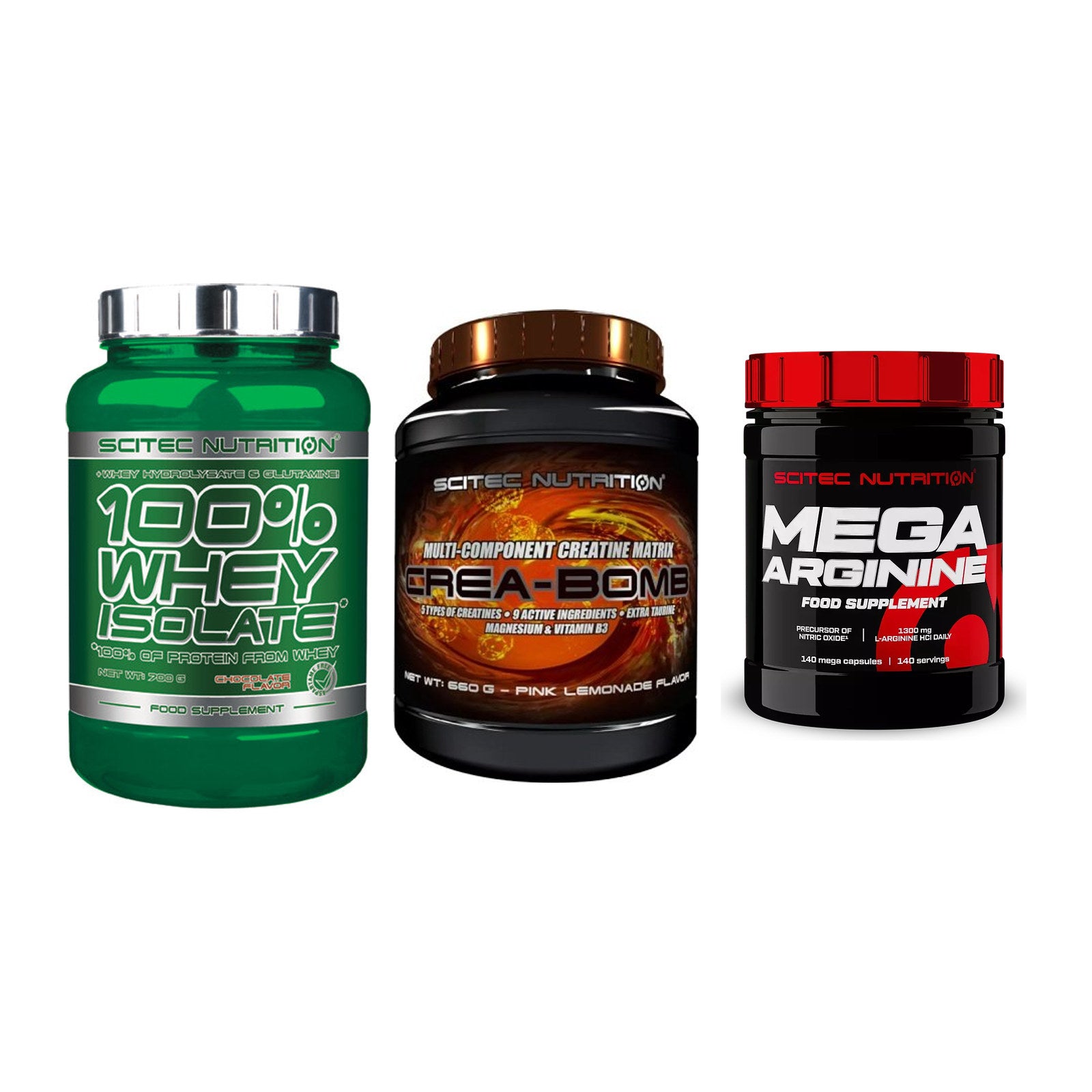Scitec Nutrition Marken-Trio: Whey Isolate + Crea-Bomb + 1 weitere – alle enthaltenen Artikel