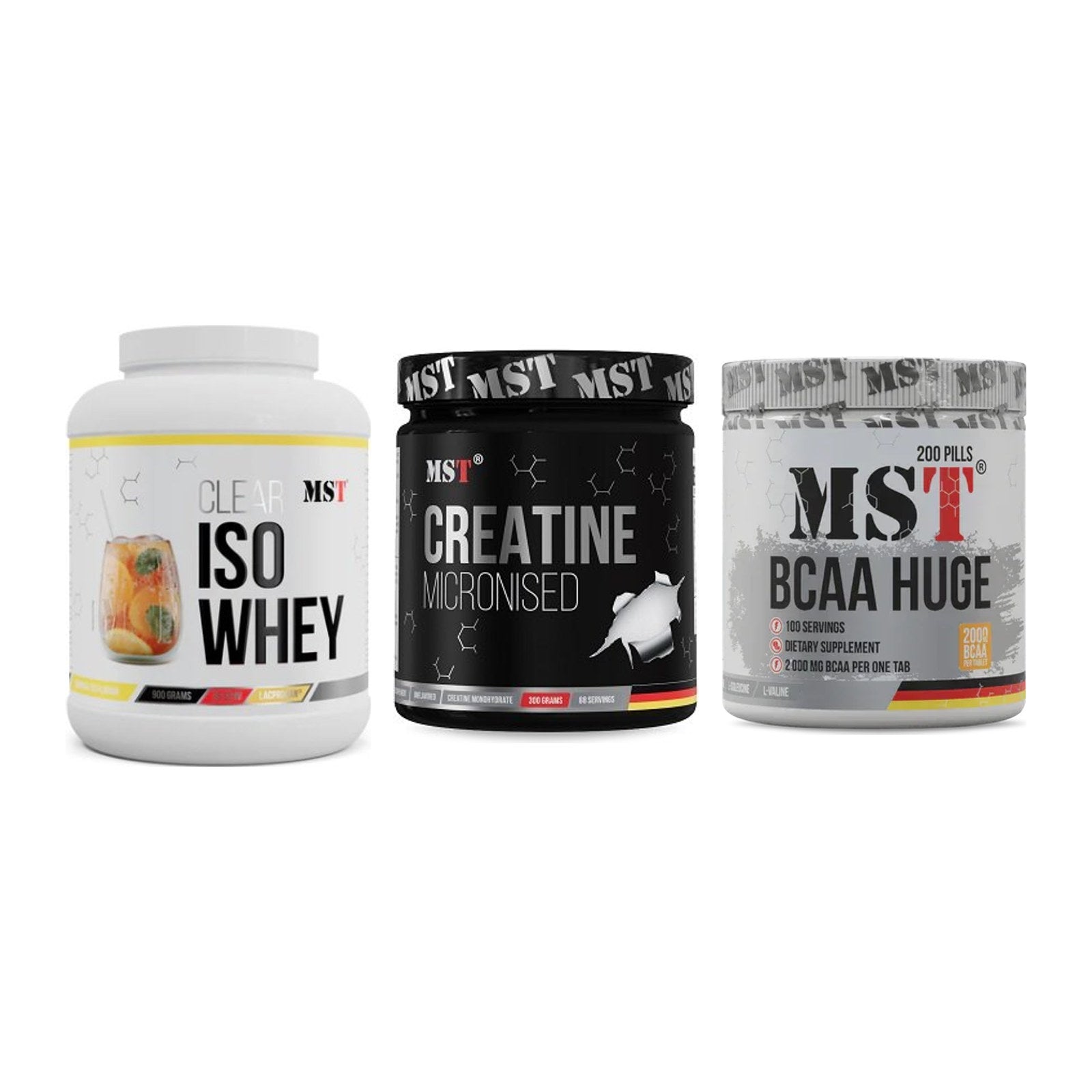 MST Marken-Trio: Iso Clear 900g + Creatin Monohyd + BCAA Huge 200 – alle enthaltenen Artikel