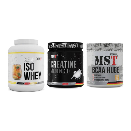 MST Marken-Trio: Iso Clear 900g + Creatin Monohyd + BCAA Huge 200 – alle enthaltenen Artikel