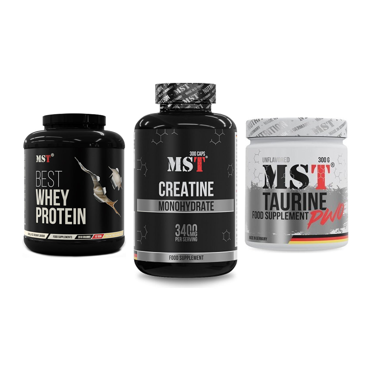 MST Marken-Trio: Best Whey + Creatine + Taurine – alle enthaltenen Artikel