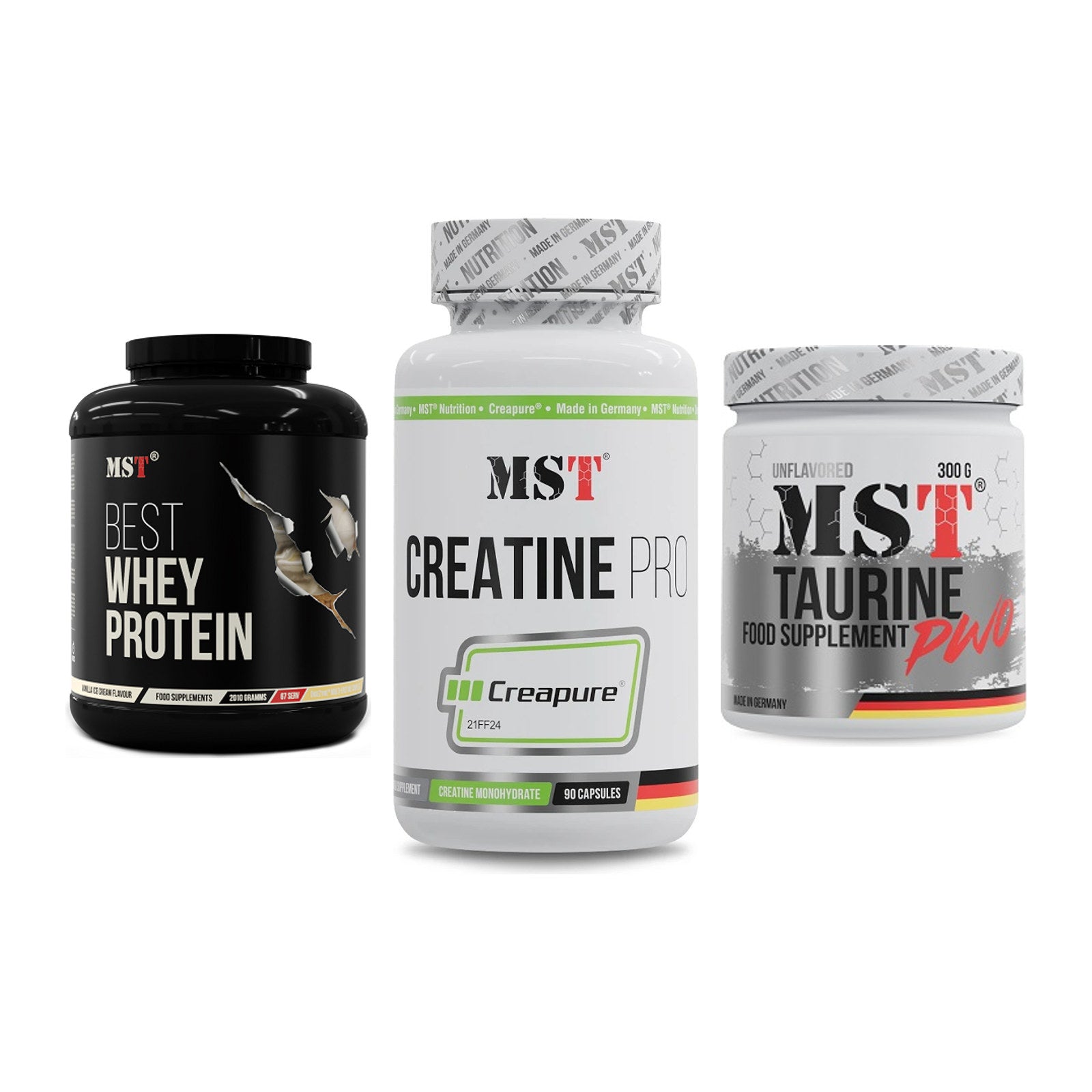 MST Marken-Trio: Best Whey Protein + Creatine Pro CREAPURE + Taurine – alle enthaltenen Artikel