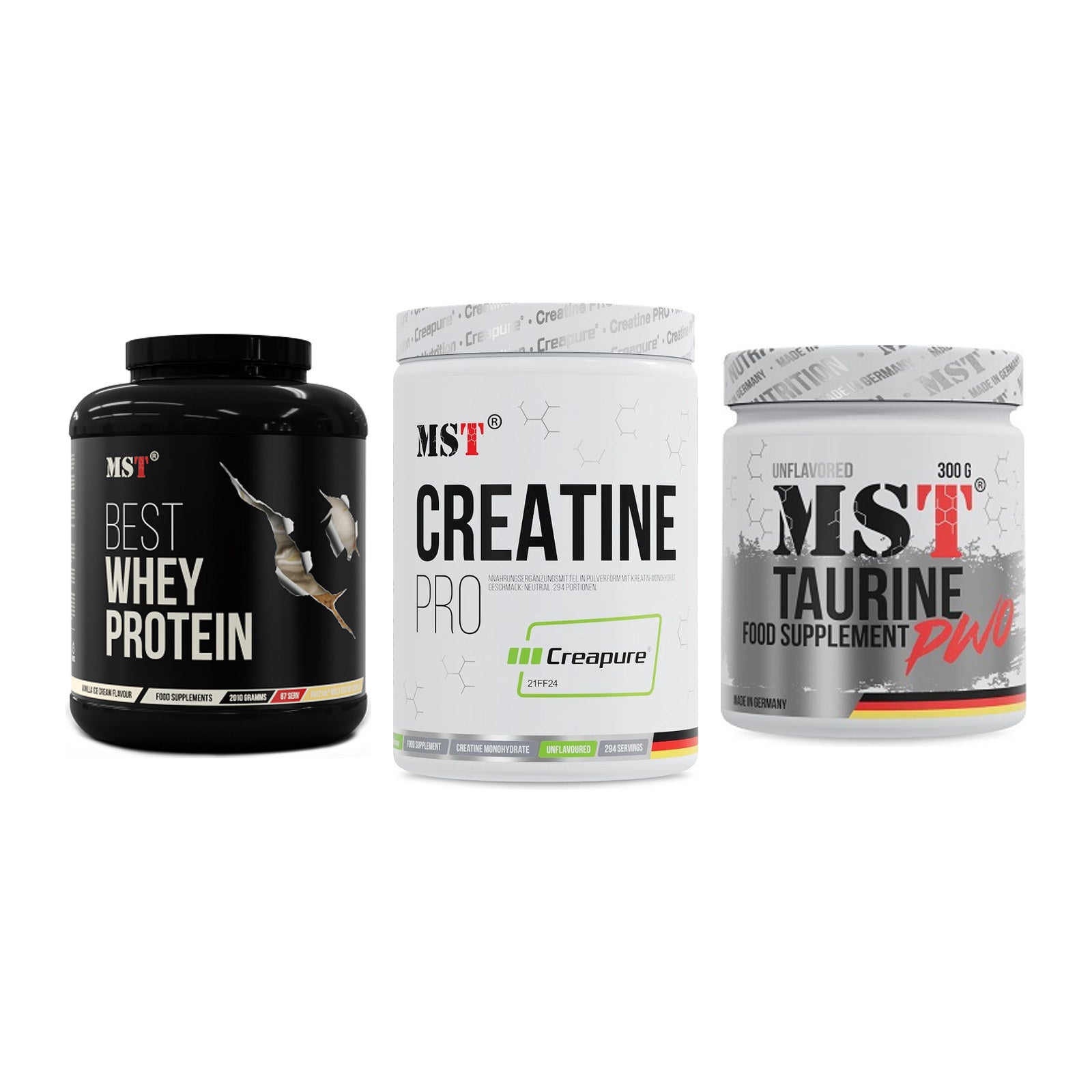 MST Marken-Trio: Best Whey Protein + Creatin Pro CREAPURE + Taurine – alle enthaltenen Artikel