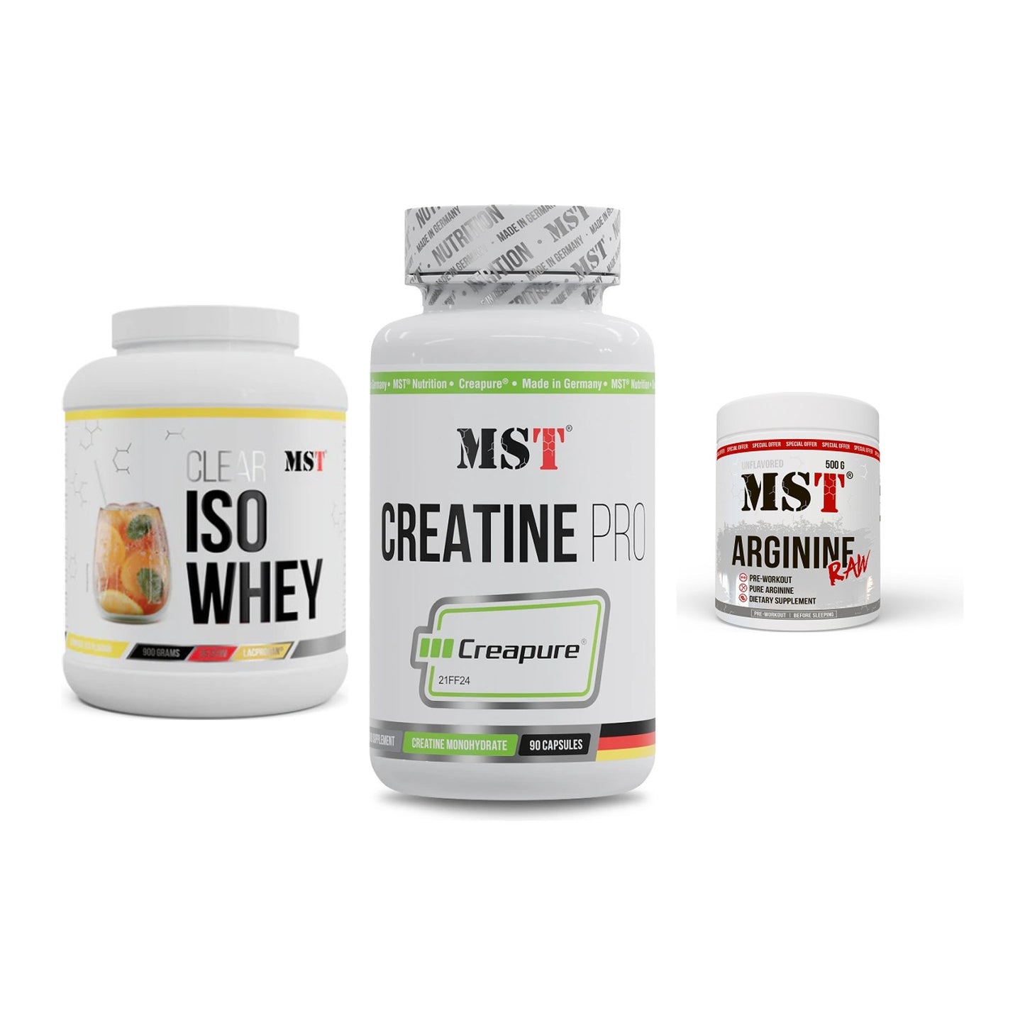 MST Marken-Trio: Iso Clear + Creatine Pro CREAPURE + Arginine RAW – alle enthaltenen Artikel
