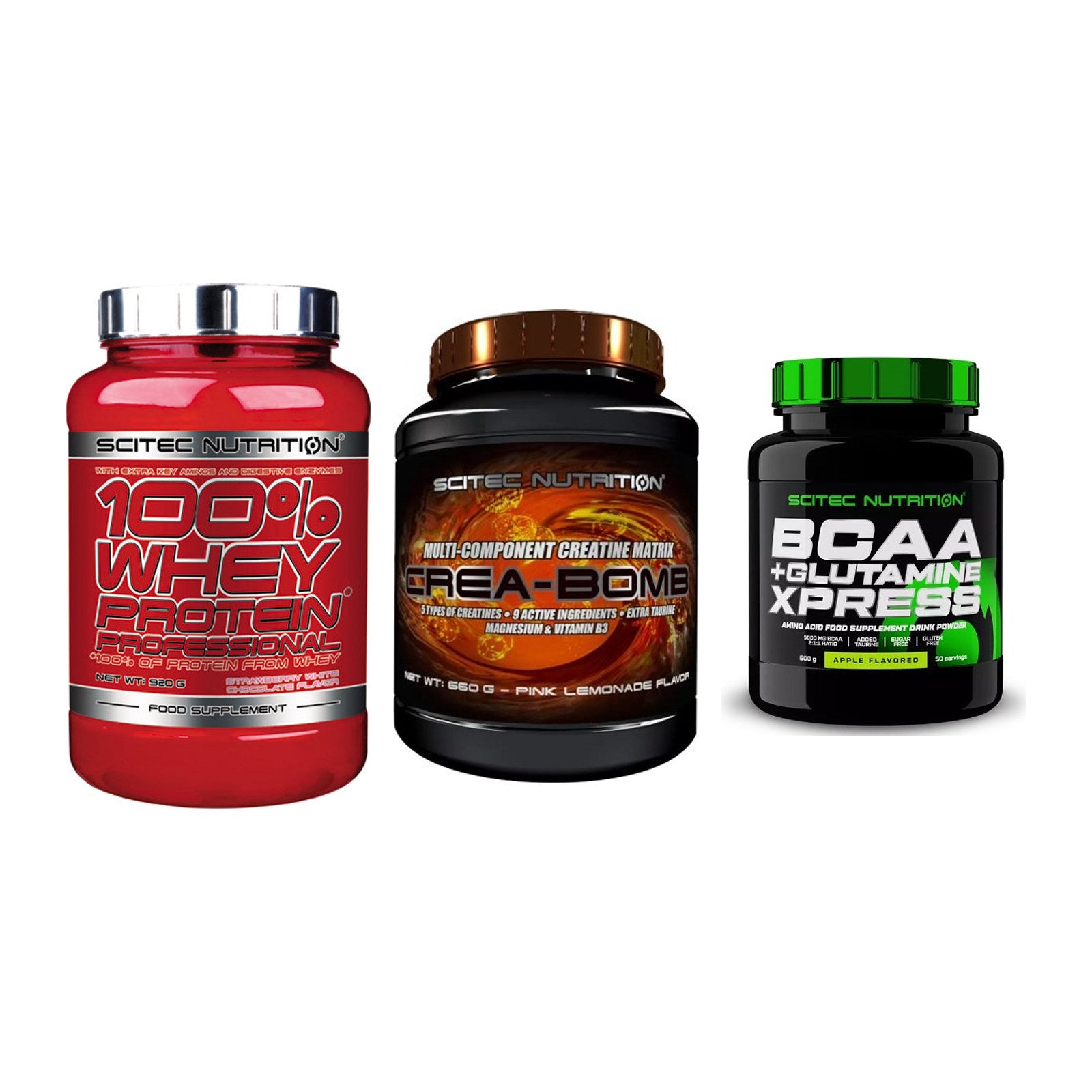 Scitec Nutrition Marken-Trio: 100% Whey + Crea-Bomb + 1 weitere – alle enthaltenen Artikel