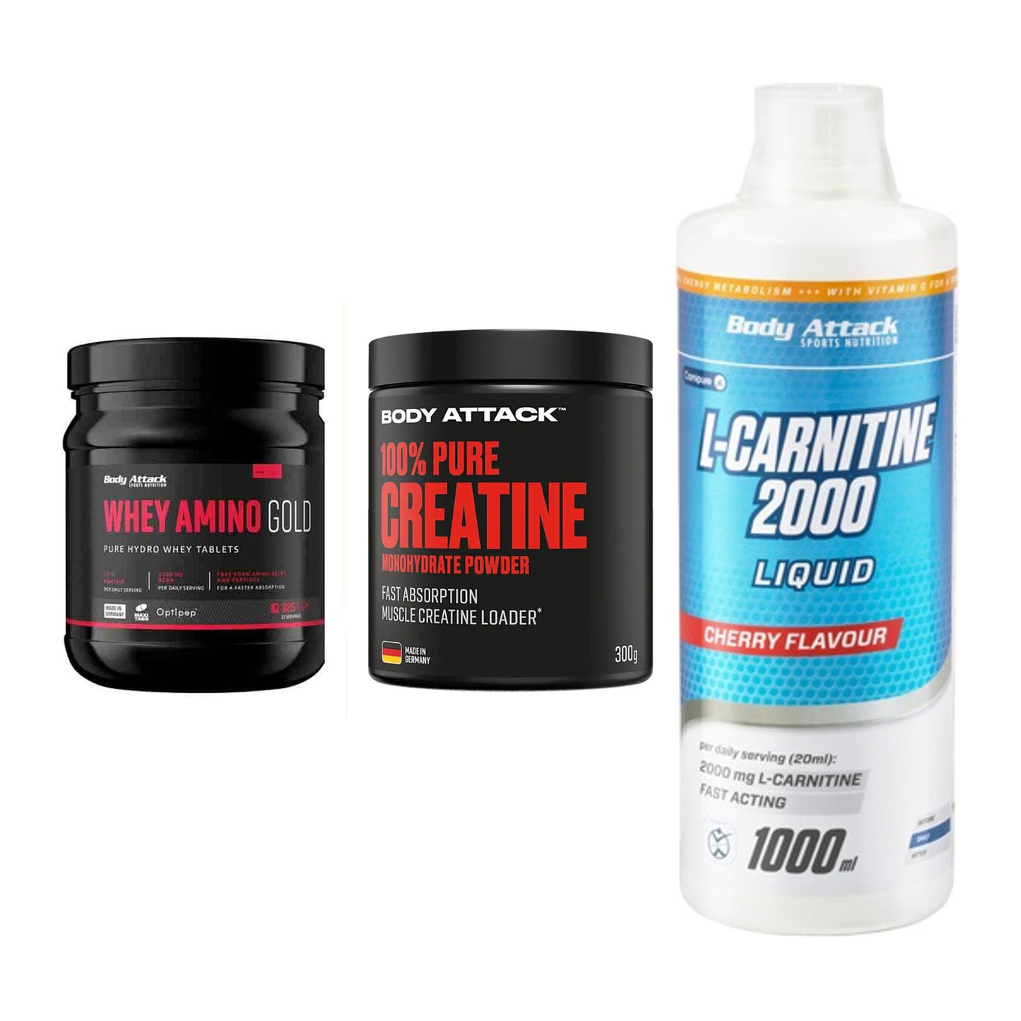 Body Attack Marken-Trio: Attack Whey + Attack 100% + Attack L-Carn – alle enthaltenen Artikel