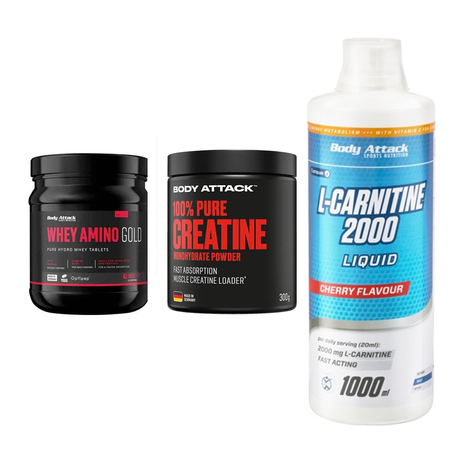 Body Attack Marken-Trio: Attack Whey + Attack 100% + Attack L-Carn – alle enthaltenen Artikel