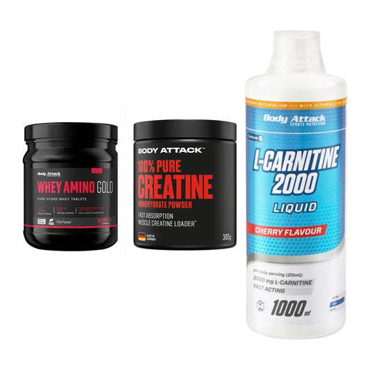 Body Attack Marken-Trio: Attack Whey + Attack 100% + Attack L-Carn – alle enthaltenen Artikel
