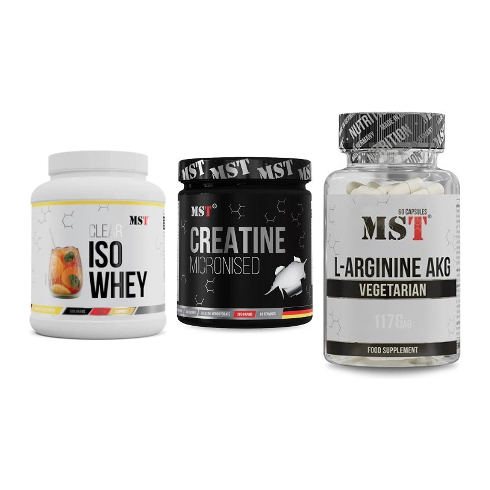 MST Marken-Trio: Iso Clear + Creatin Monohydrate + Arginin AAKG 1178mg – alle enthaltenen Artikel