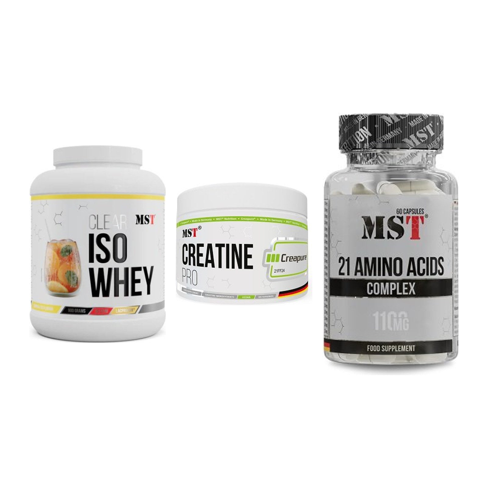 MST Marken-Trio: Iso Clear 900g + Creatin Pro + 21 Amino Acids – alle enthaltenen Artikel