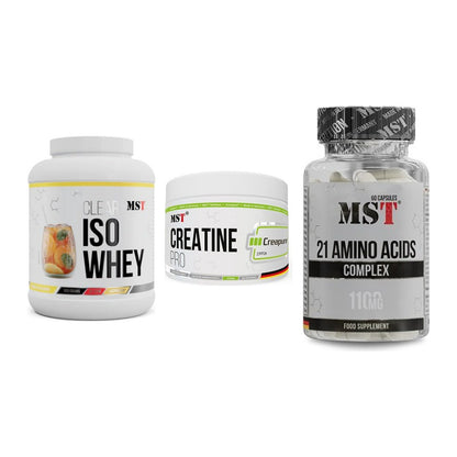 MST Marken-Trio: Iso Clear 900g + Creatin Pro + 21 Amino Acids – alle enthaltenen Artikel