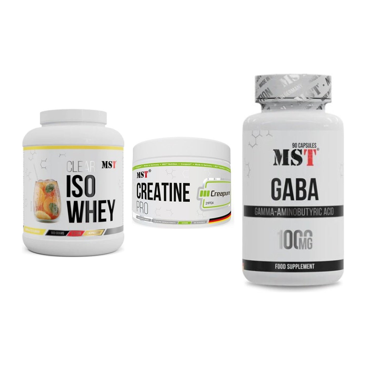 MST Marken-Trio: Iso Clear 900g + Creatin Pro + GABA 1000mg – alle enthaltenen Artikel