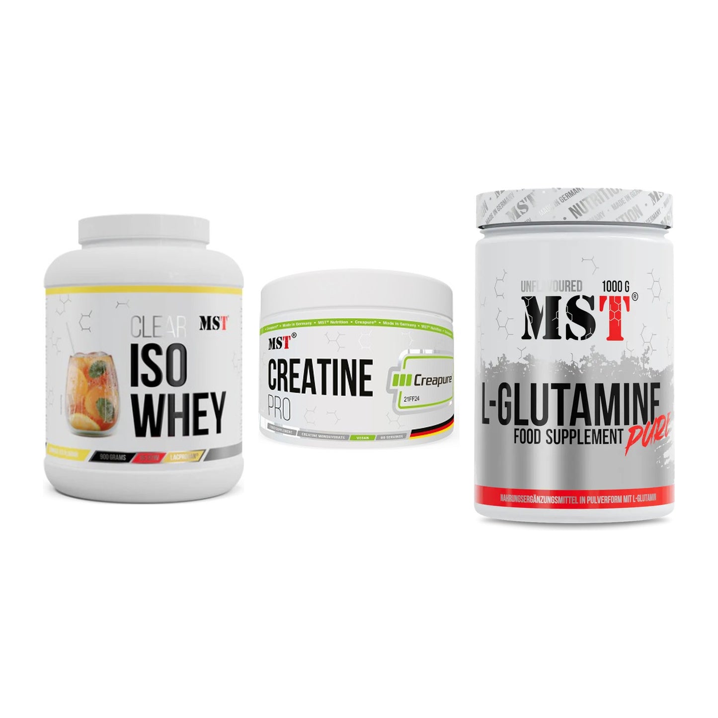 MST Marken-Trio: Iso Clear + Creatin Pro CREAPURE + Glutamine – alle enthaltenen Artikel