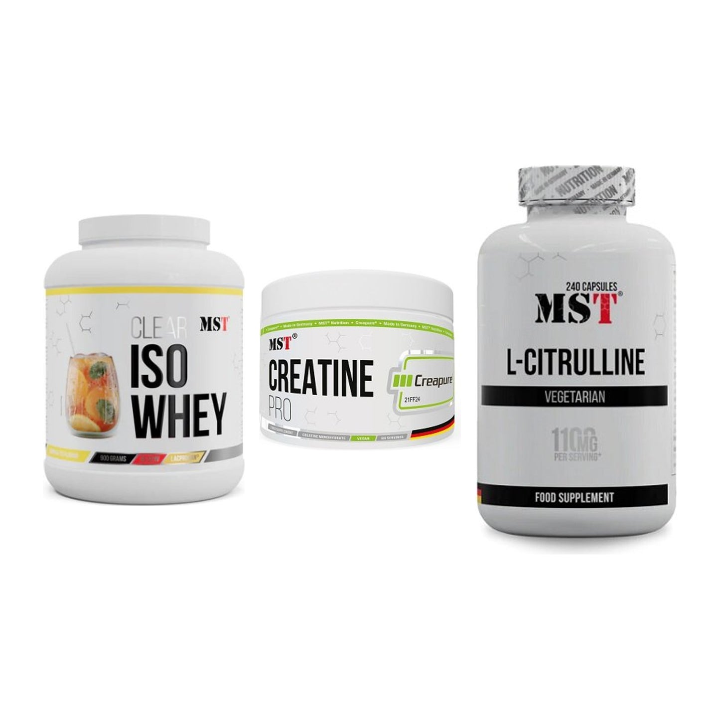 MST Marken-Trio: Iso Clear 900g + Creatin Pro + Citrulline – alle enthaltenen Artikel