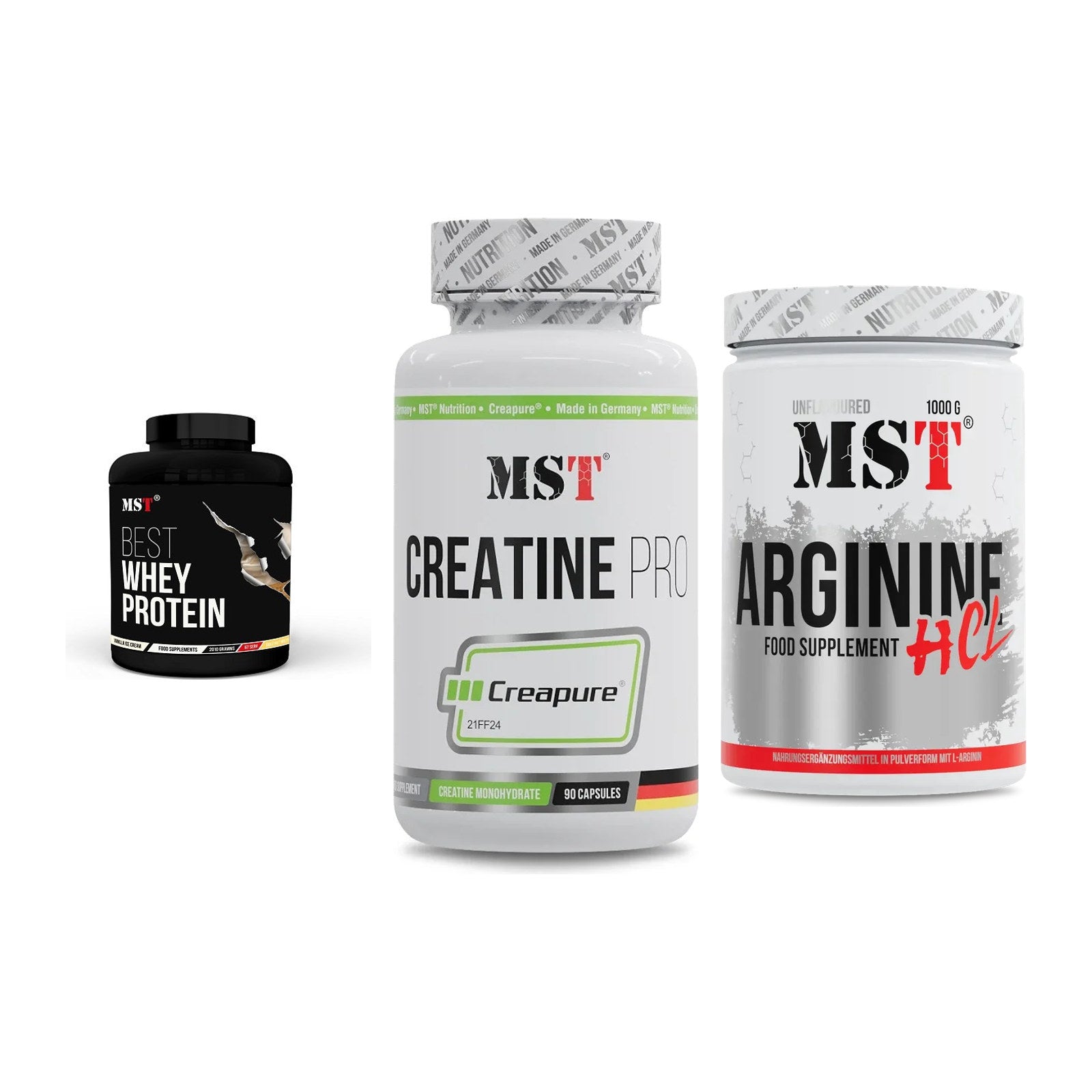 MST Marken-Trio: Best Whey + Creatine Pro + Arginine HCL – alle enthaltenen Artikel