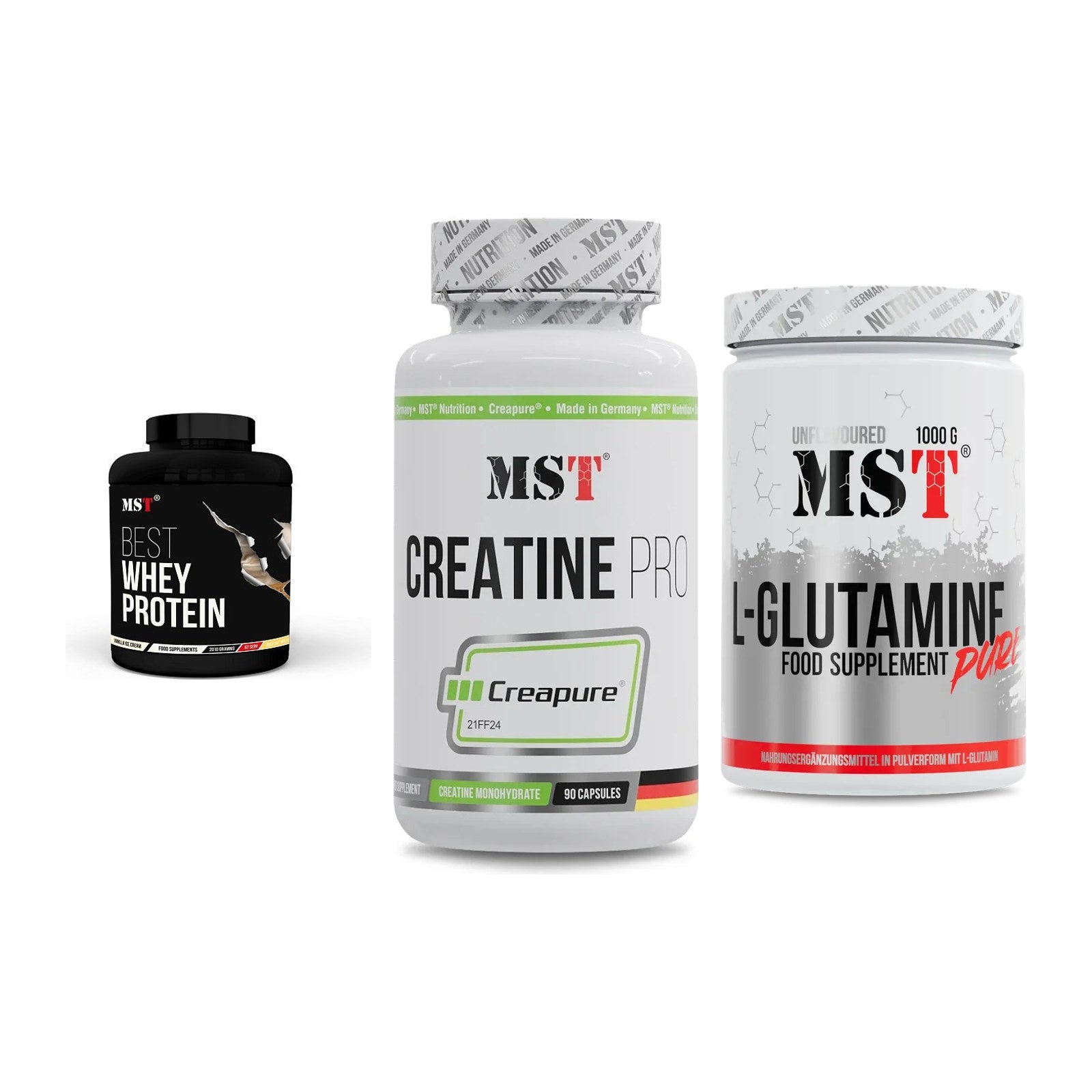 MST Marken-Trio: Best Whey Protein + Creatine Pro CREAPURE + Glutamine – alle enthaltenen Artikel