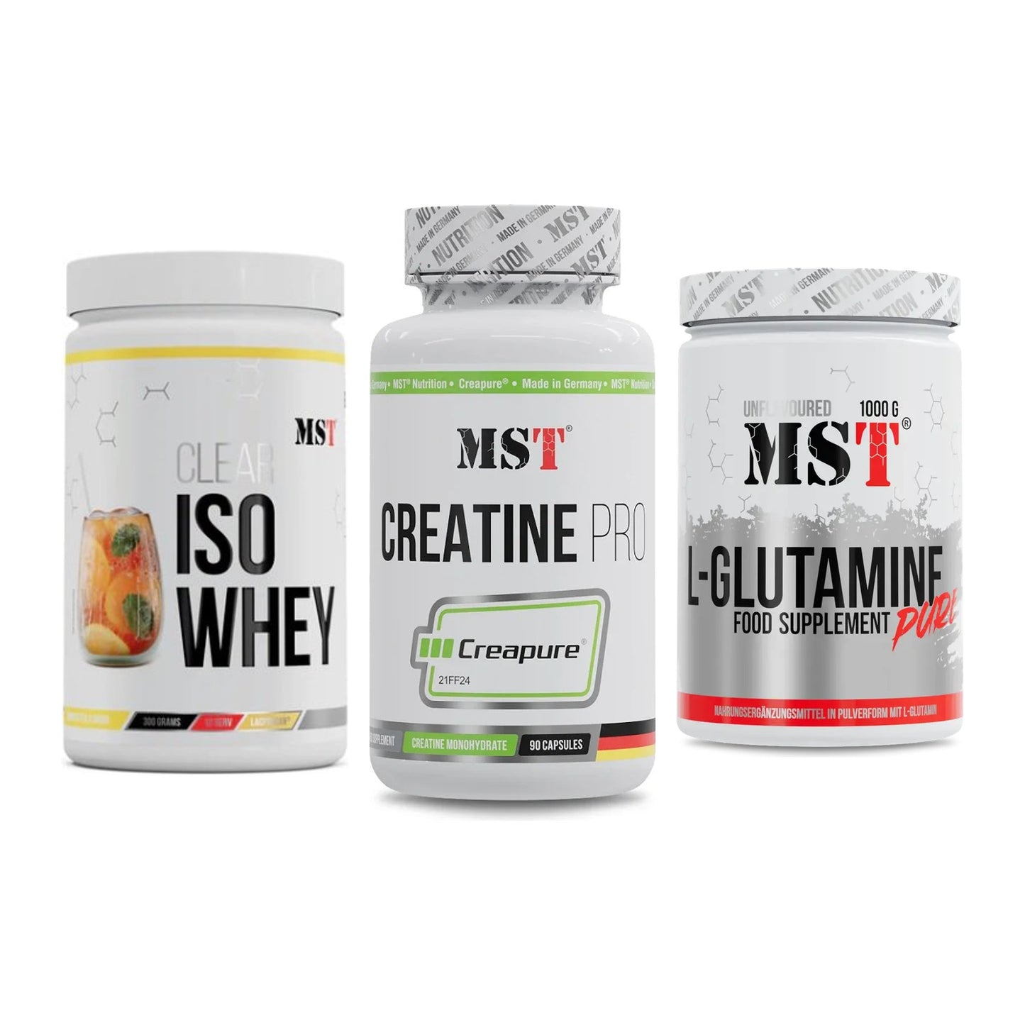 MST Marken-Trio: Iso Clear + Creatine Pro CREAPURE + Glutamine – alle enthaltenen Artikel