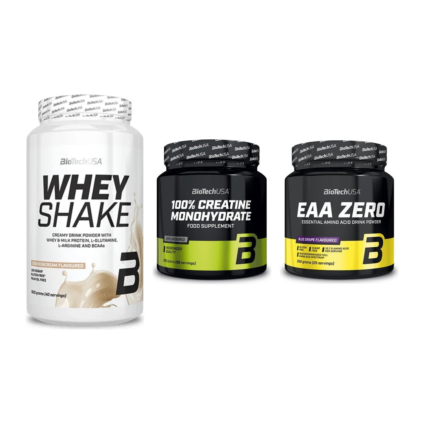 BioTech USA Marken-Trio: Whey Shake + Creatine + EAA Zero 350g – alle enthaltenen Artikel