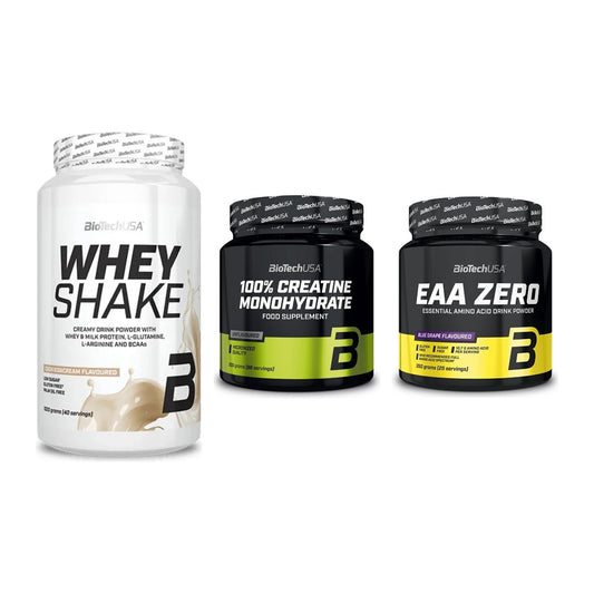 BioTech USA Marken-Trio: Whey Shake + Creatine + EAA Zero 350g – alle enthaltenen Artikel