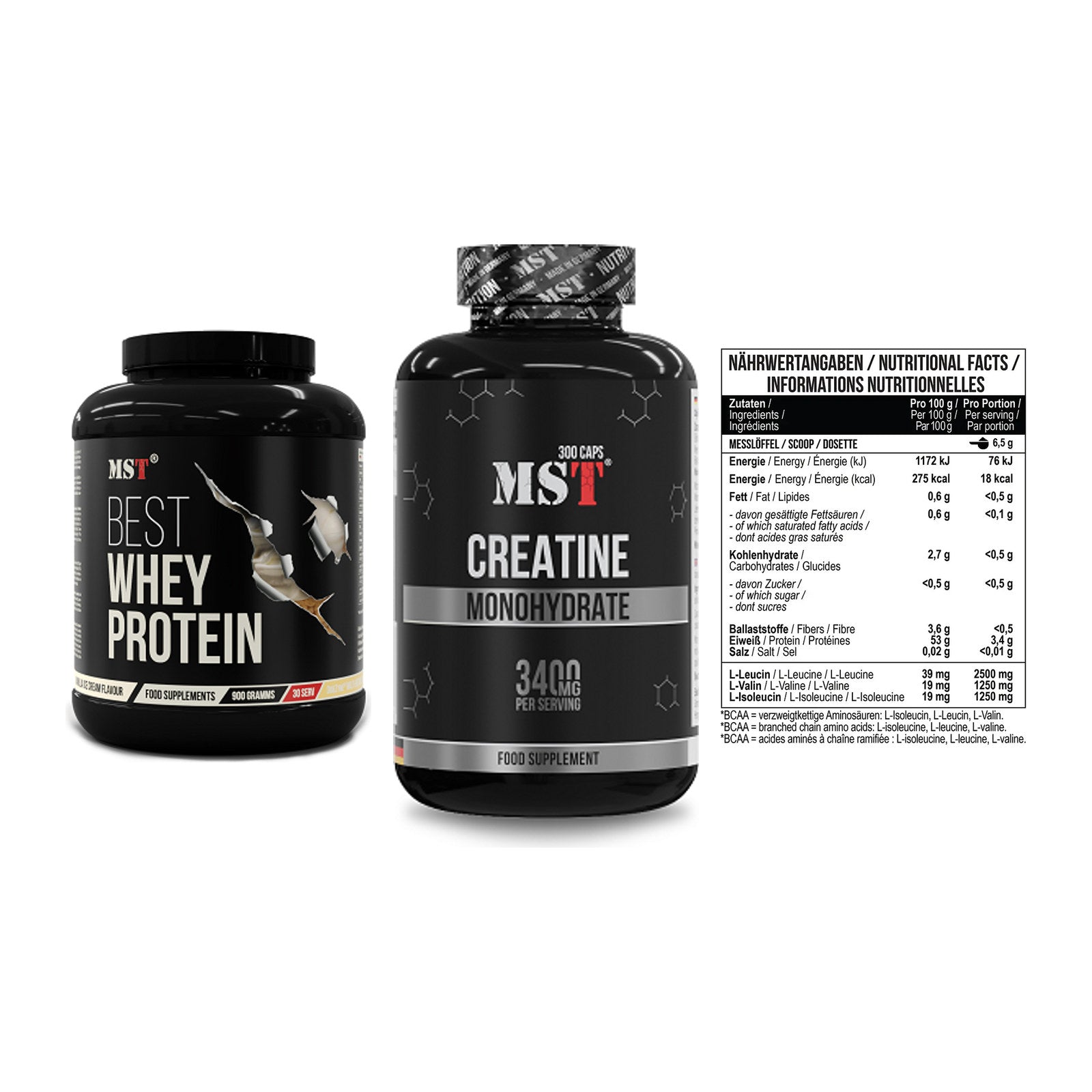 MST Marken-Trio: Best Whey Protein + Creatine Monohydrate + BCAA Zero – alle enthaltenen Artikel