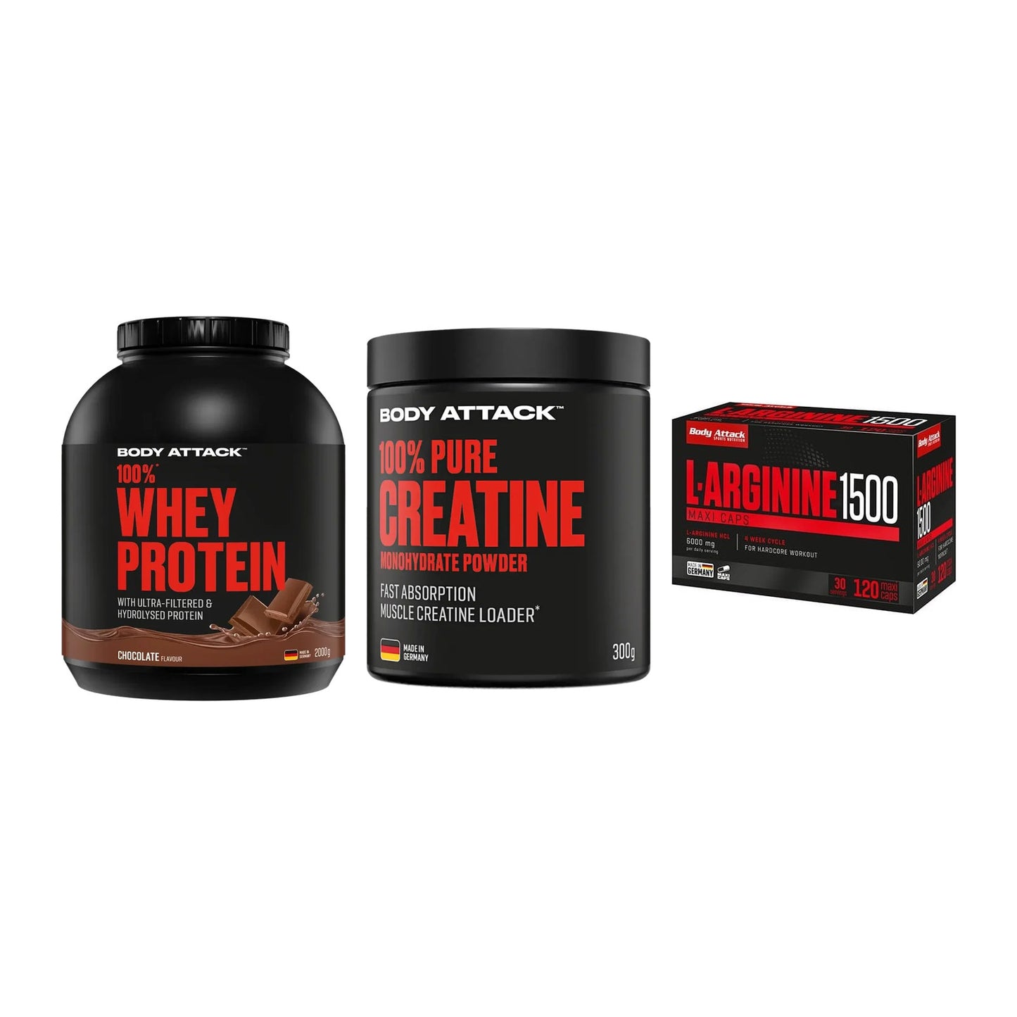 Body Attack Marken-Trio: Attack 100% Whey Protein 2000g + 2 weitere – alle enthaltenen Artikel