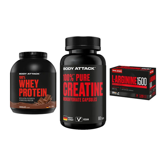 Body Attack Marken-Trio: Attack 100% Whey Protein 2000g + 2 weitere – alle enthaltenen Artikel
