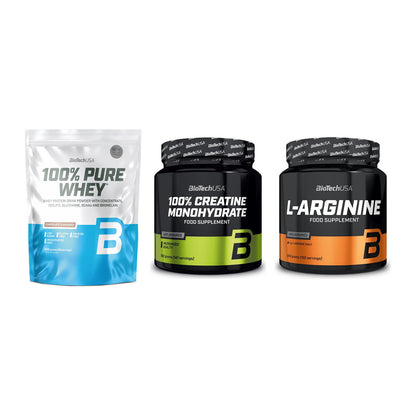 BioTech USA Marken-Trio: 100% Pure + Creatine + L-Arginin – alle enthaltenen Artikel