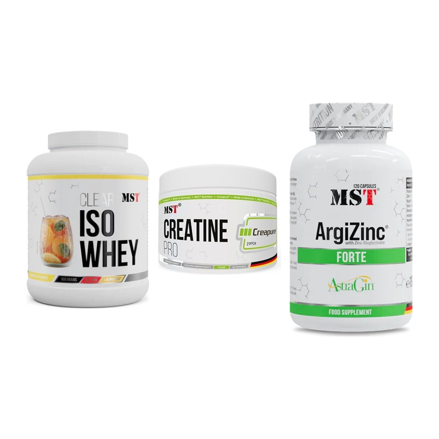 MST Marken-Trio: Iso Clear 900g + Creatin Pro + ArgiZinc Forte – alle enthaltenen Artikel