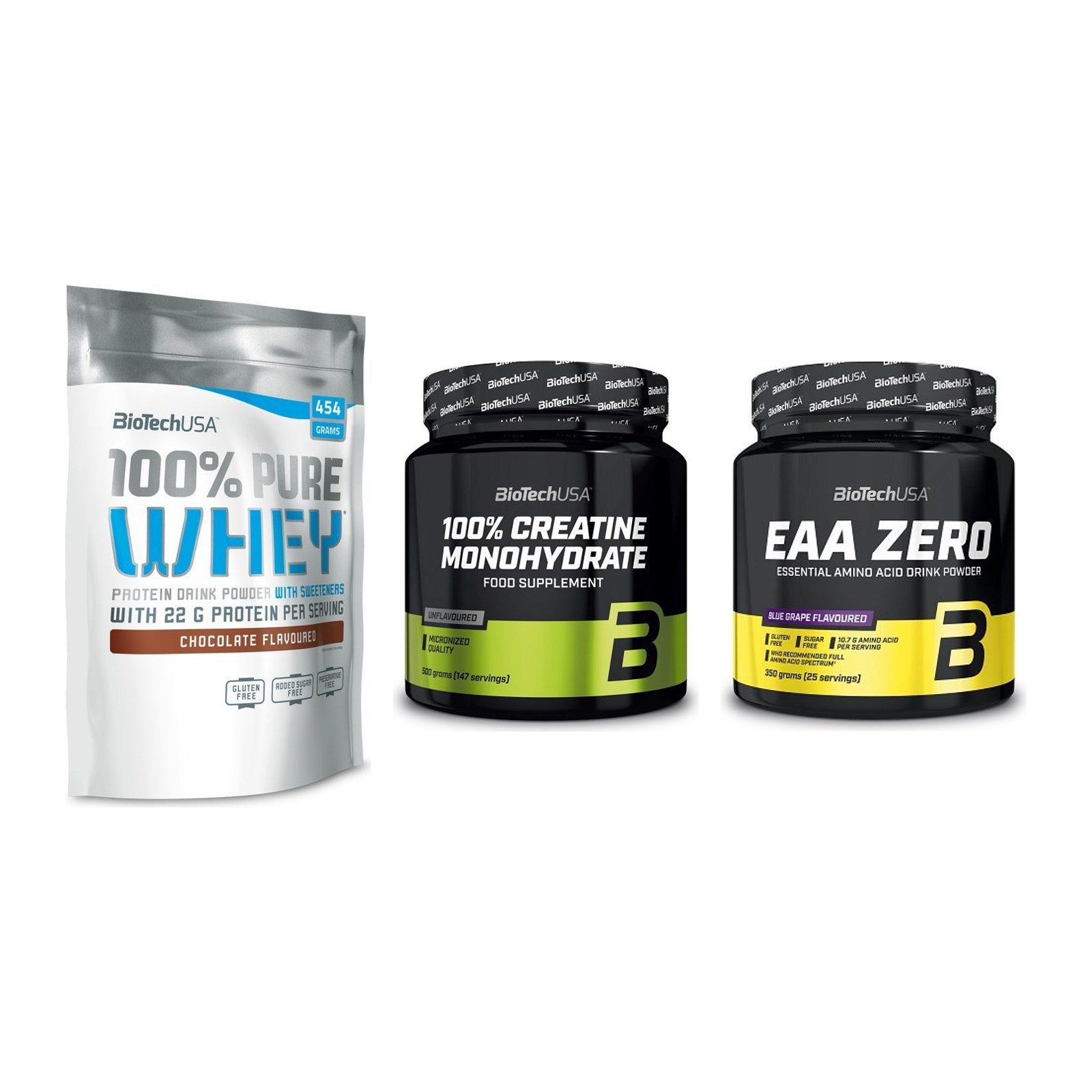 BioTech USA Marken-Trio: 100% Pure + Creatine + EAA Zero 350g – alle enthaltenen Artikel