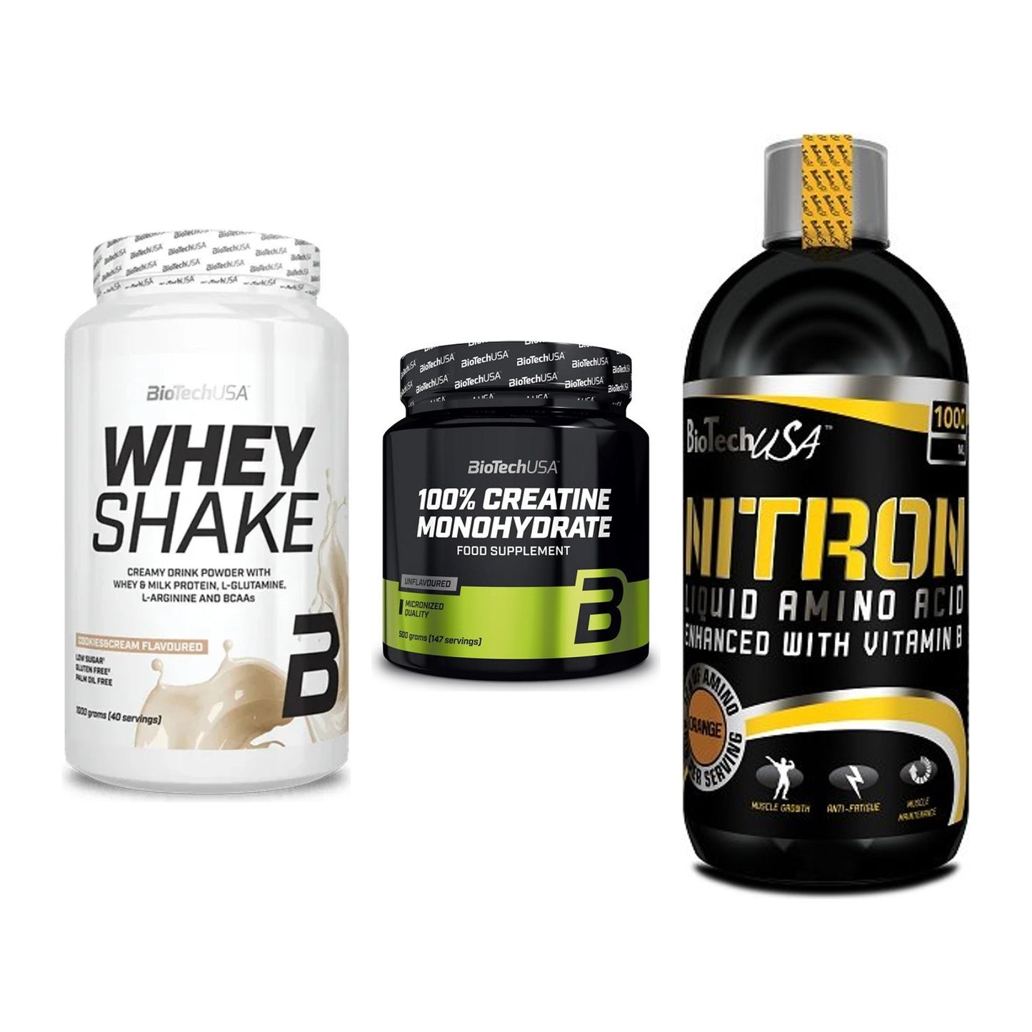BioTech USA Marken-Trio: Whey Shake + Creatine + Liquid Amino – alle enthaltenen Artikel