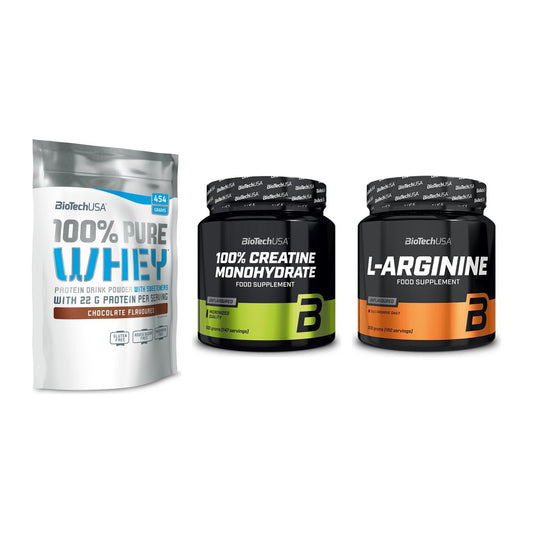 BioTech USA Marken-Trio: 100% Pure + Creatine + L-Arginin – alle enthaltenen Artikel