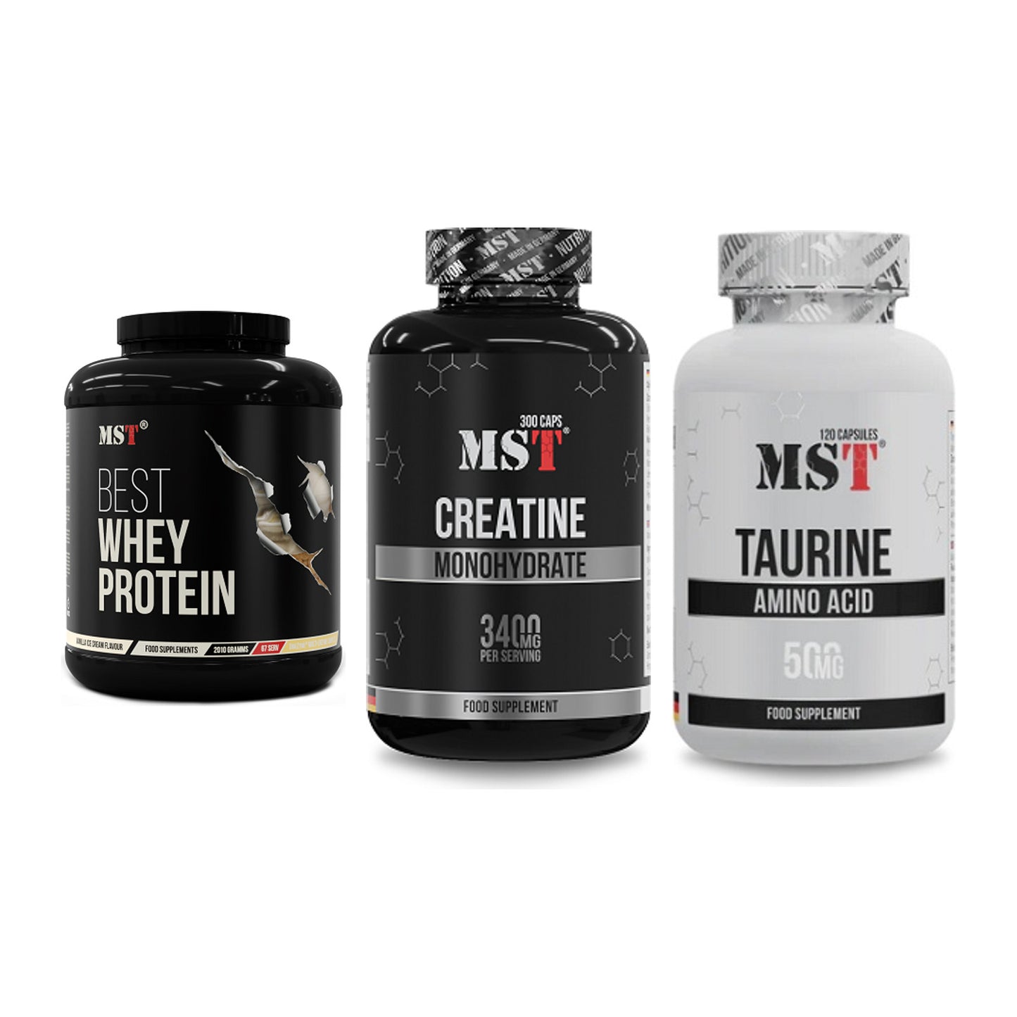 MST Marken-Trio: Best Whey Protein + Creatine Monohydrate + Taurine – alle enthaltenen Artikel