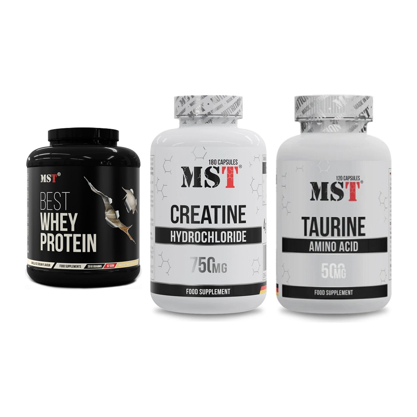 MST Marken-Trio: Best Whey Protein + Creatine HCL + Taurine – alle enthaltenen Artikel