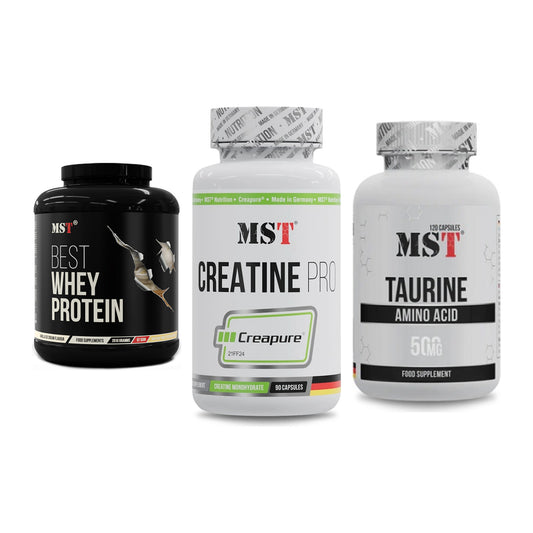 MST Marken-Trio: Best Whey Protein + Creatine Pro CREAPURE + Taurine – alle enthaltenen Artikel