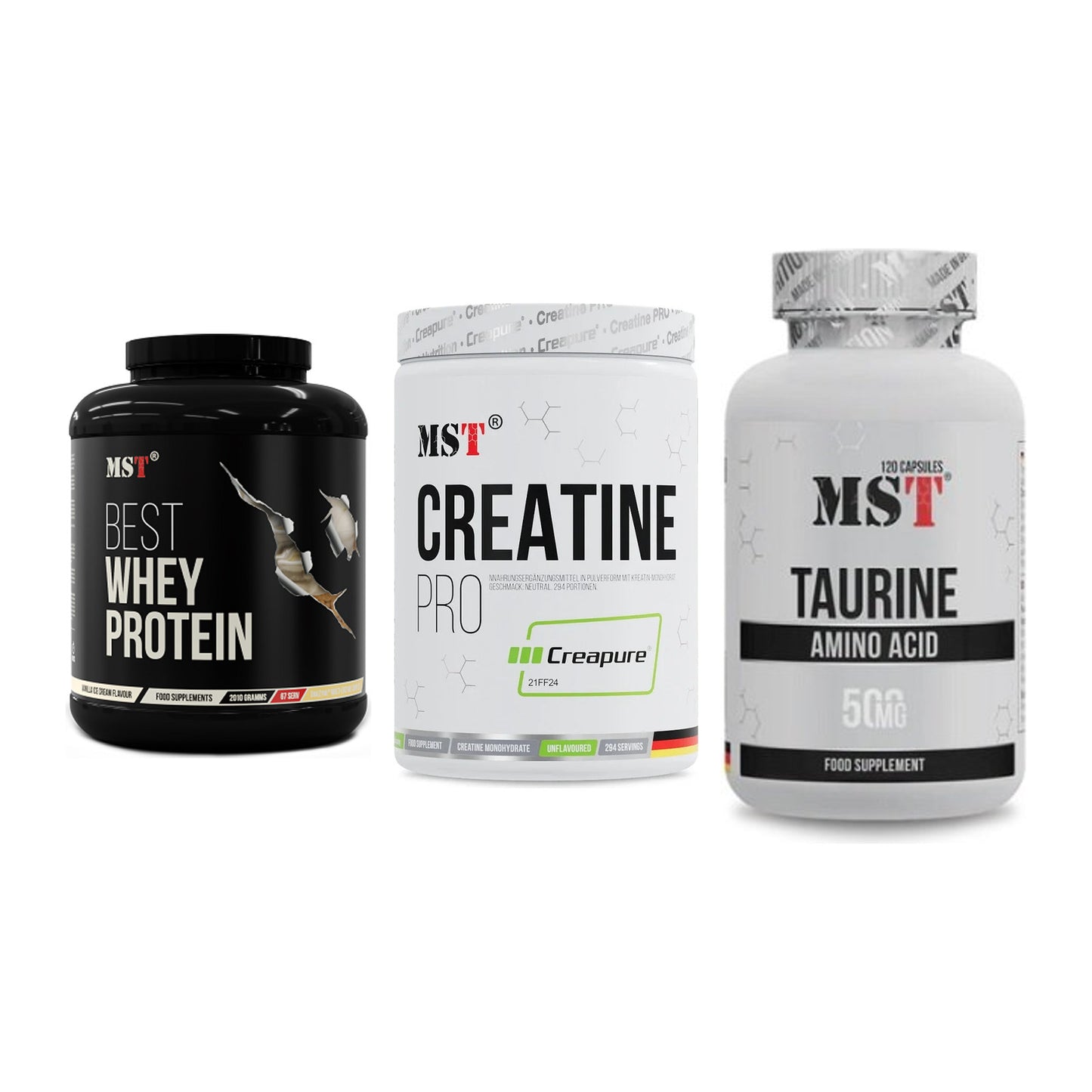 MST Marken-Trio: Best Whey + Creatin Pro + Taurine – alle enthaltenen Artikel