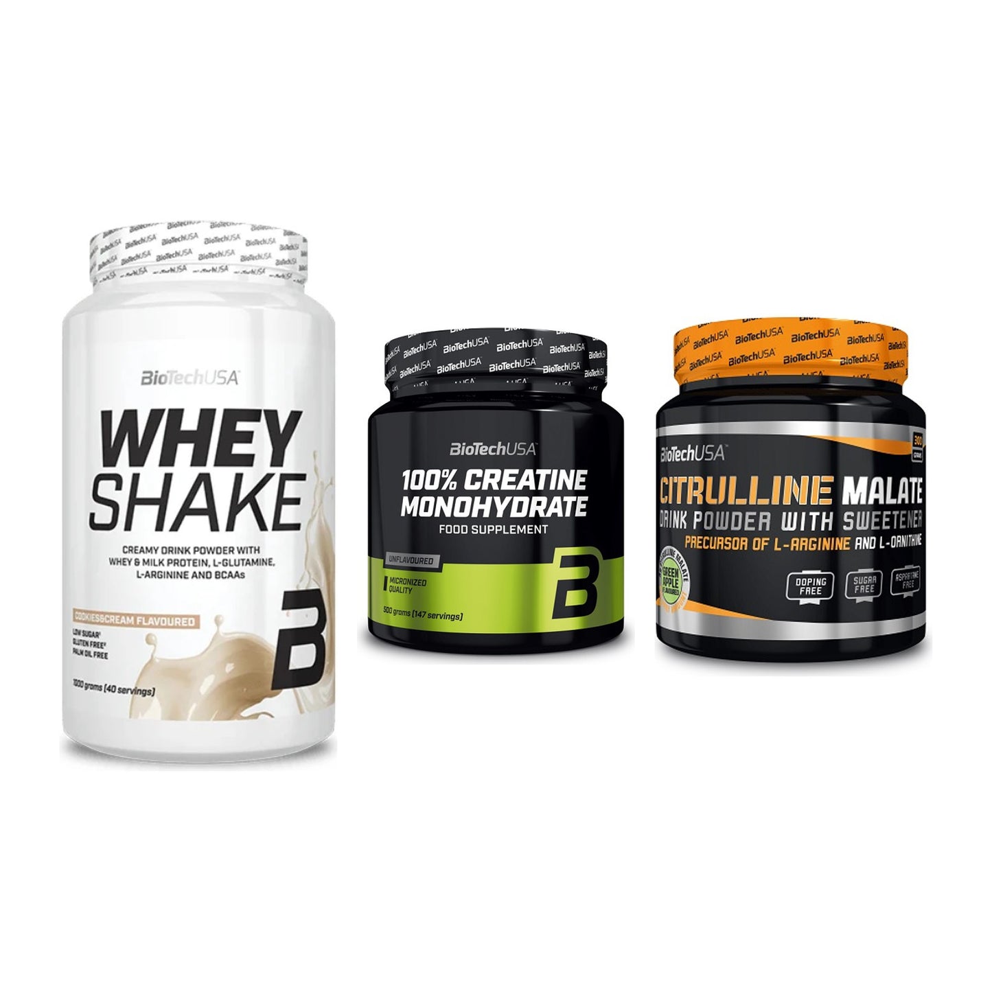 BioTech USA Marken-Trio: Whey Shake + Creatine + Citrulline – alle enthaltenen Artikel