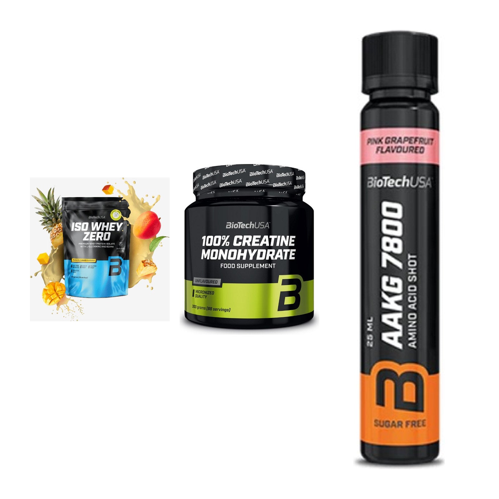 BioTech USA Marken-Trio: Iso Whey Zero + Creatine + AAKG 7800 – alle enthaltenen Artikel