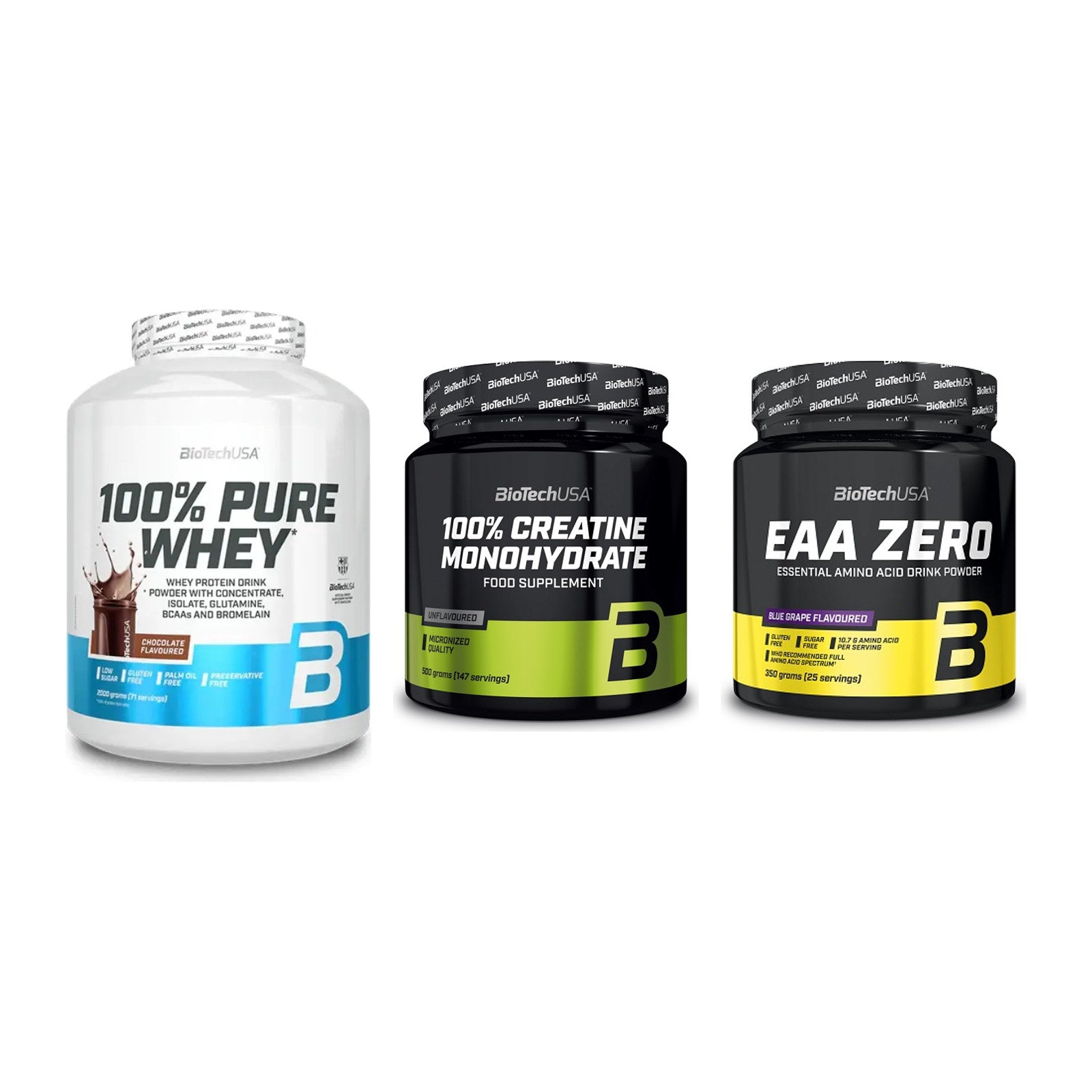 BioTech USA Marken-Trio: 100% Pure + Creatine + EAA Zero – alle enthaltenen Artikel