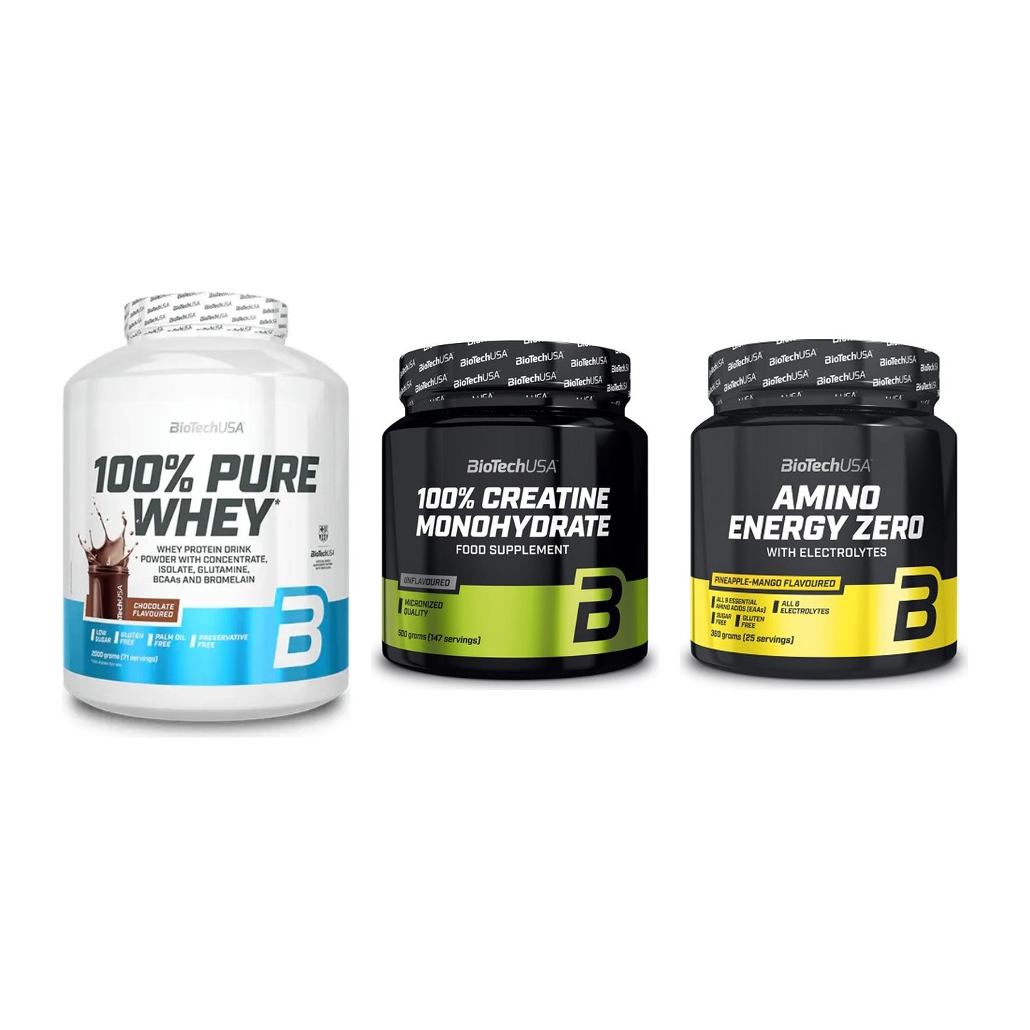 BioTech USA Marken-Trio: 100% Pure + Creatine + Amino Energy – alle enthaltenen Artikel