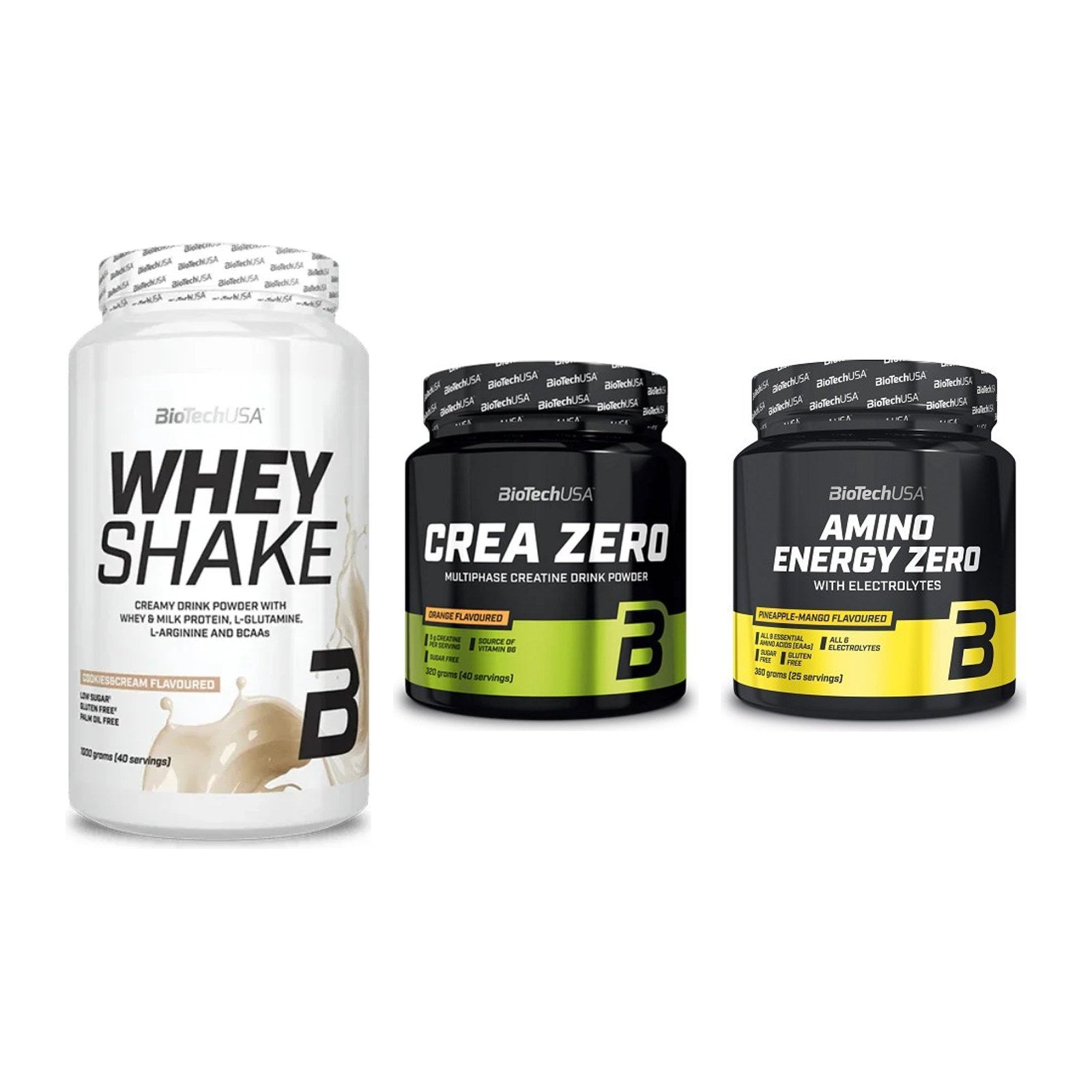 BioTech USA Marken-Trio: Whey Shake + Crea Zero + Amino Energy – alle enthaltenen Artikel